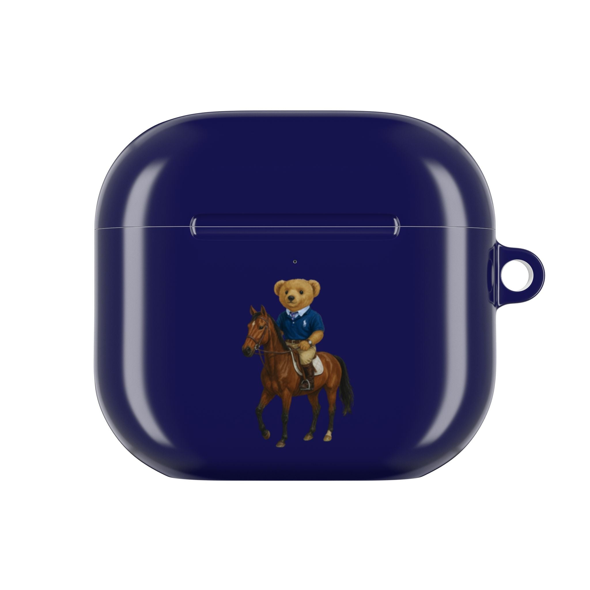 Navy blue AirPods case, closed, featuring teddy bear on horseback cowboy artwork