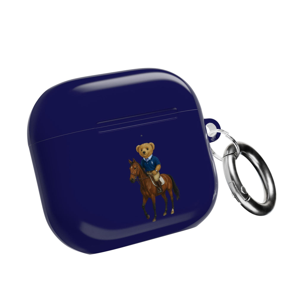 Navy blue AirPods case with teddy bear on horseback graphic and metal key ring