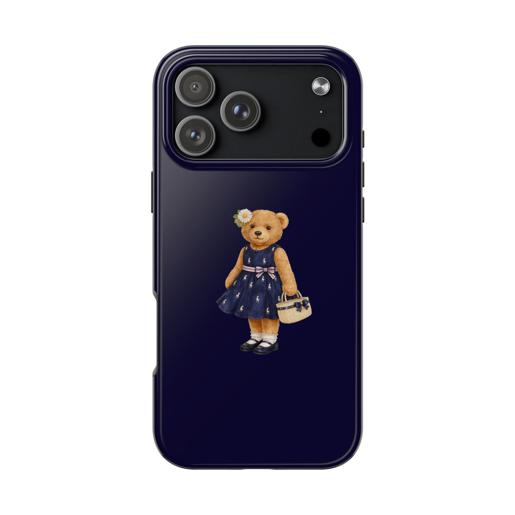 Navy phone case with cute teddy bear girl wearing a blue dress and flower crown