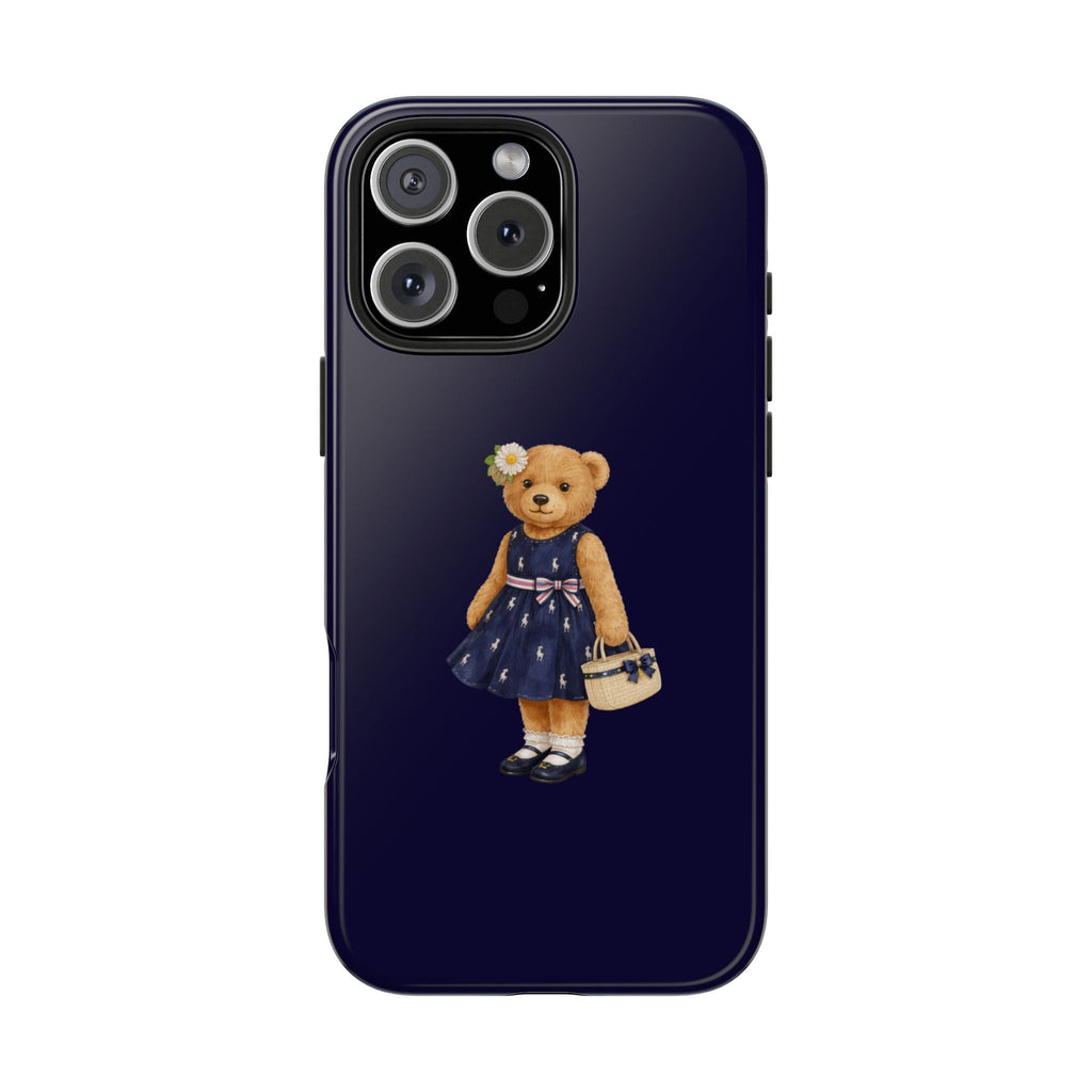 Navy teddy bear girl phone case with small flower on head and blue dress artwork
