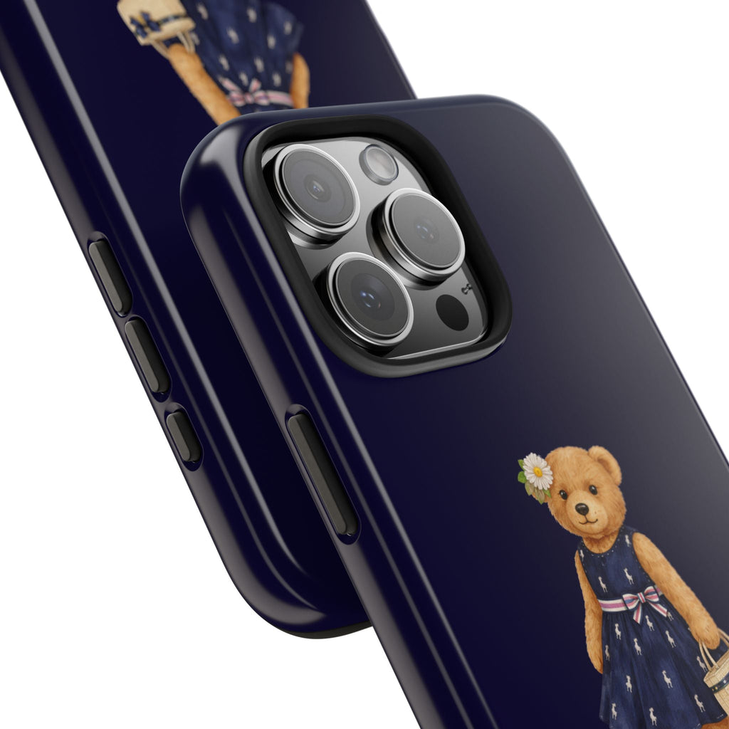 Navy teddy bear girl phone case, side view with camera cutout and matching blue dress art