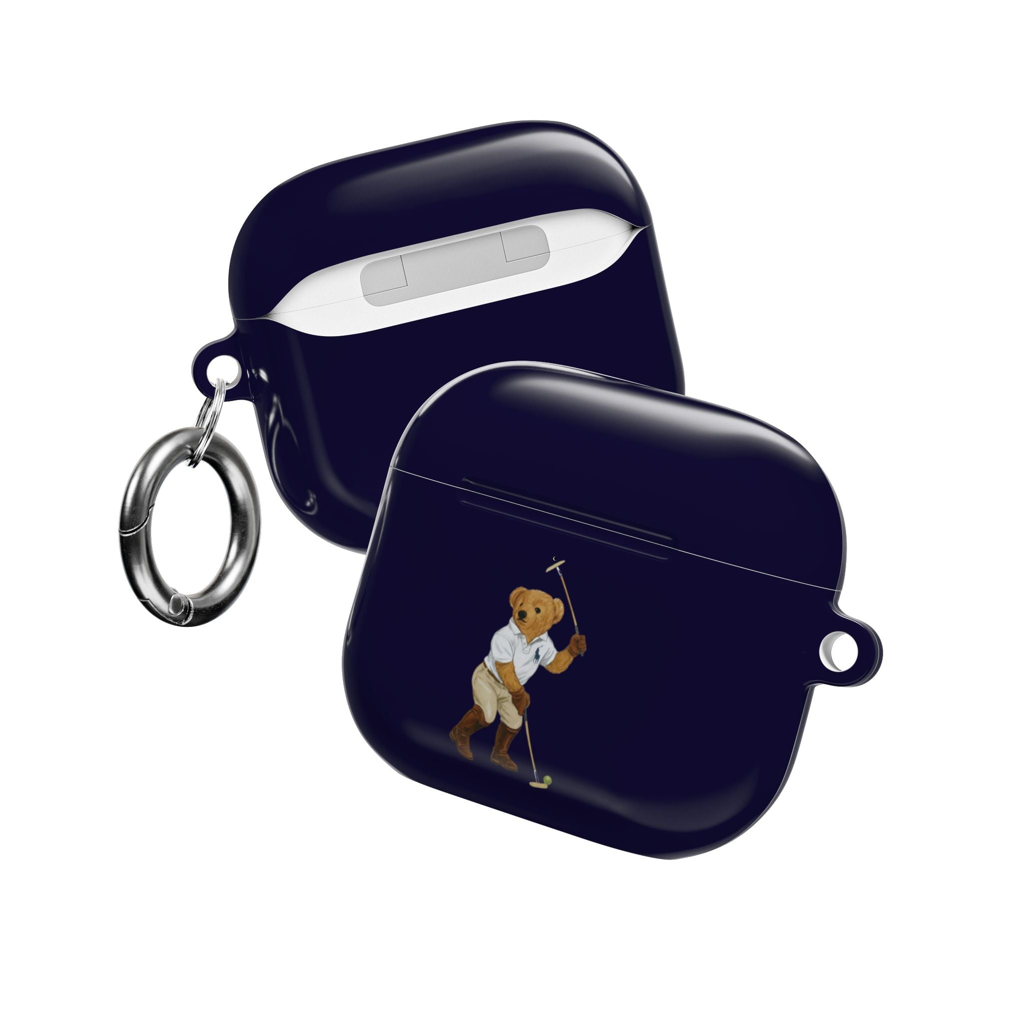 Navy AirPods case with teddy bear golfer graphic and metal keyring clip