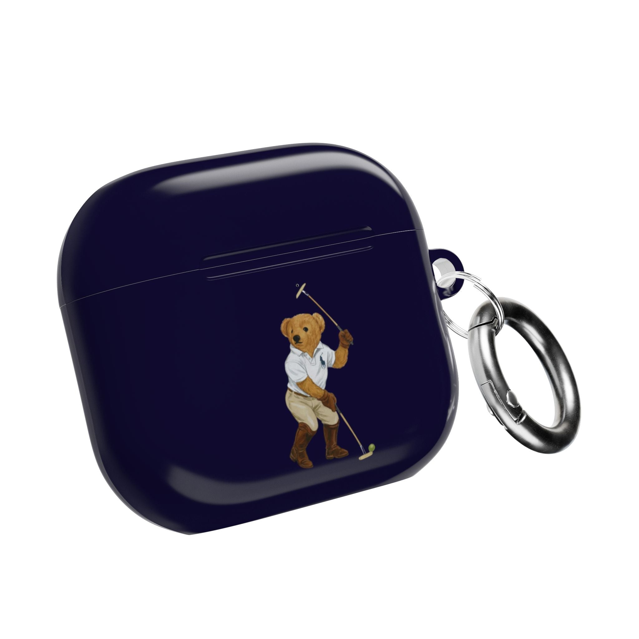 Navy AirPods case, glossy finish, teddy bear golfer graphic on front with keyring