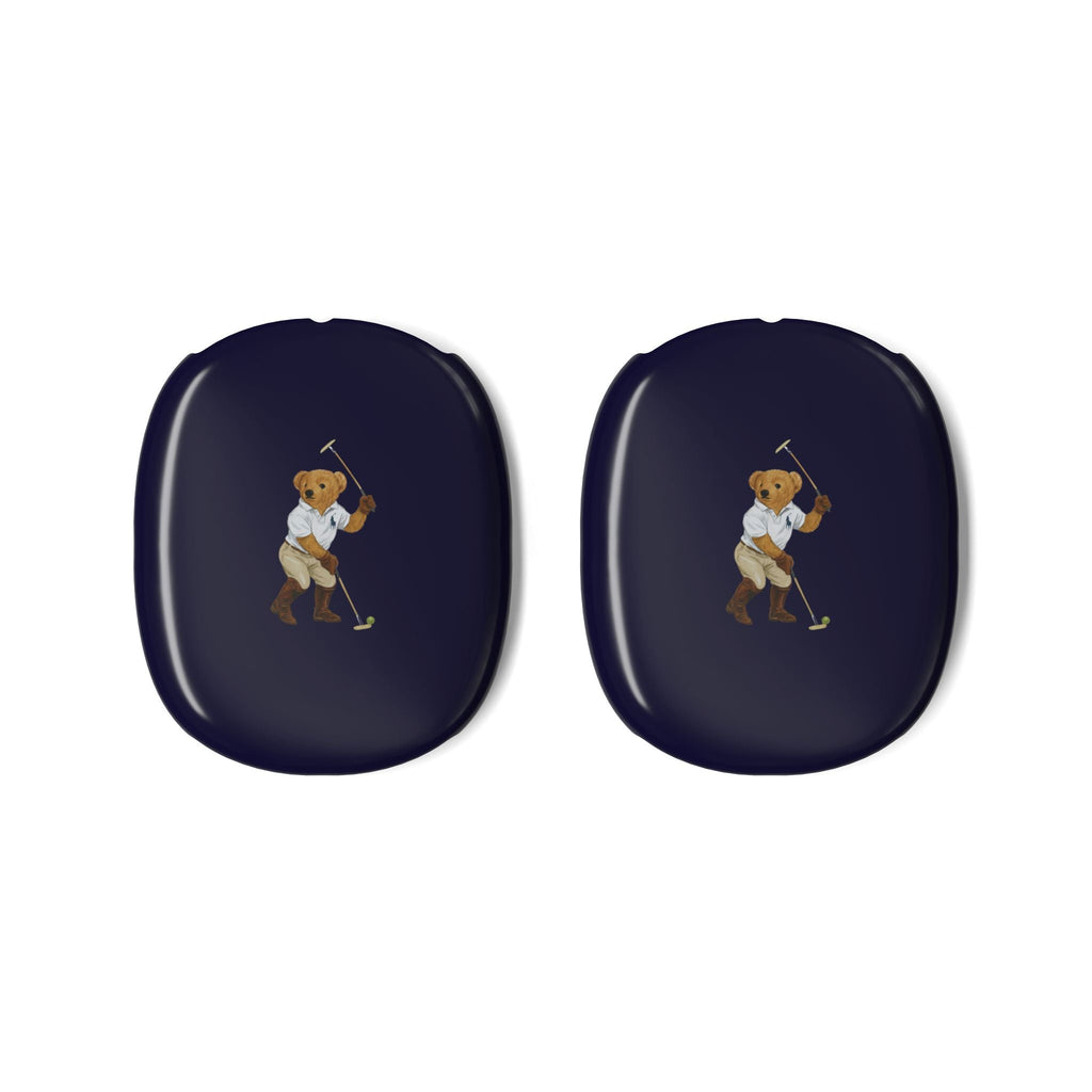 Pair of dark navy AirPods Max ear cup covers with teddy bear golfer emblem