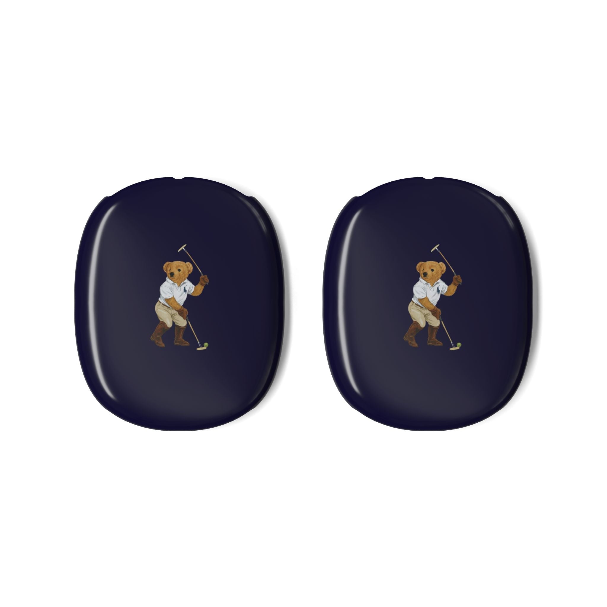 Pair of dark navy AirPods Max ear cup covers with teddy bear golfer emblem
