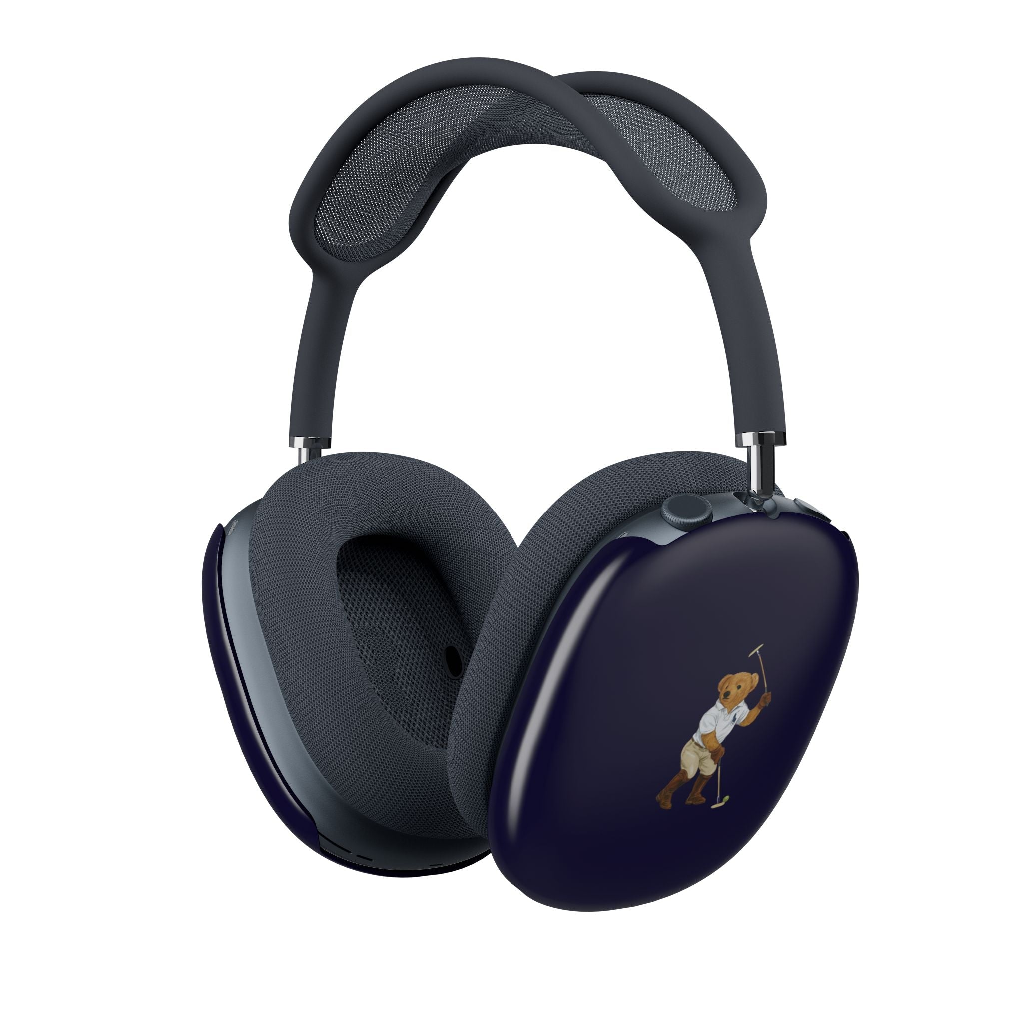 Dark navy AirPods Max ear cup covers with teddy bear golfer graphic