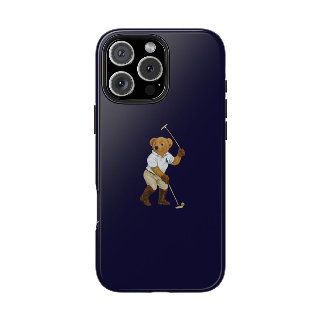 Navy blue phone case front view with polo teddy bear holding a golf club