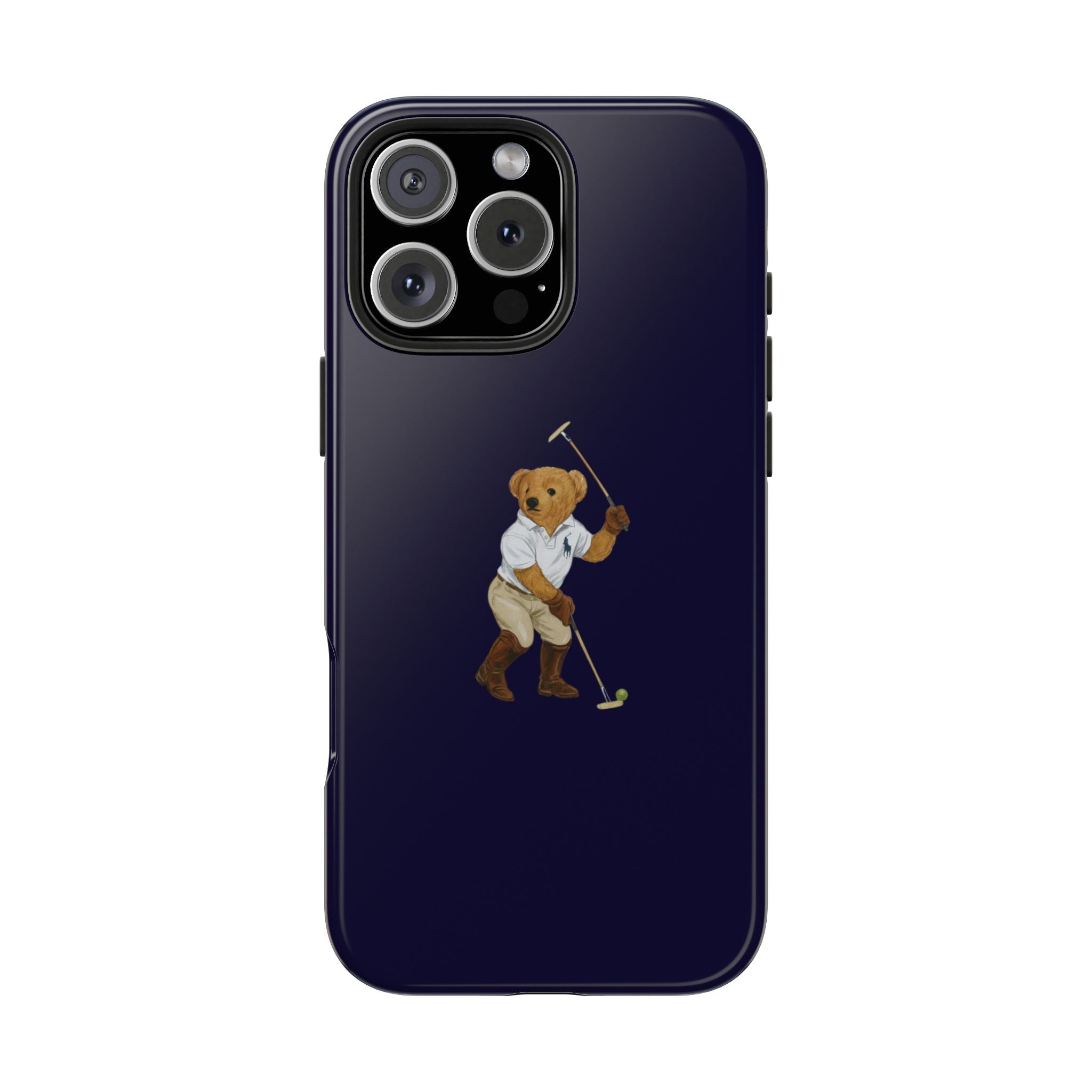 Navy blue phone case front view with polo teddy bear holding a golf club