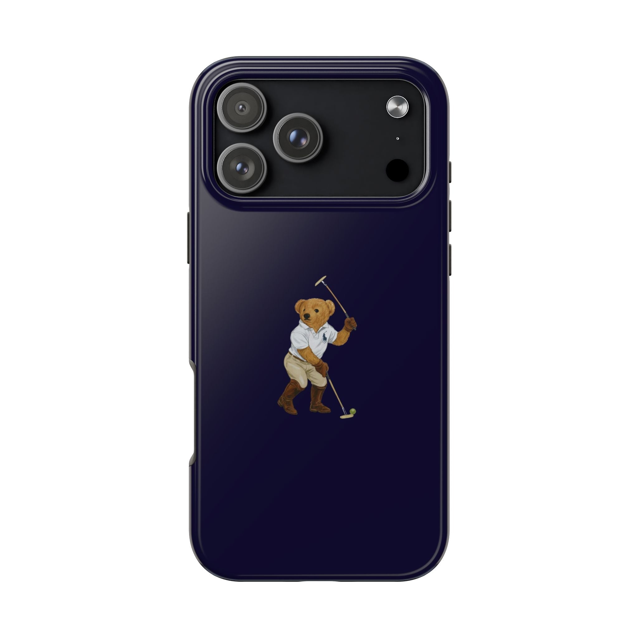 Navy blue phone case with polo teddy bear graphic and camera cutouts