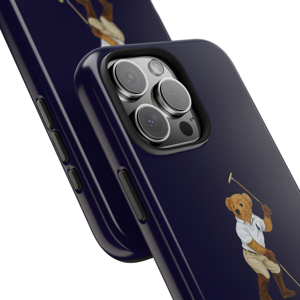 Navy blue case side profile with polo teddy bear art and camera lens cutouts