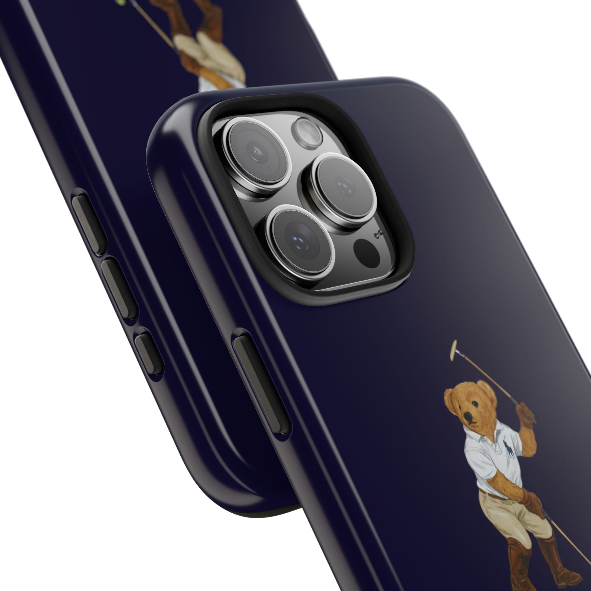 Navy blue case side profile with polo teddy bear art and camera lens cutouts