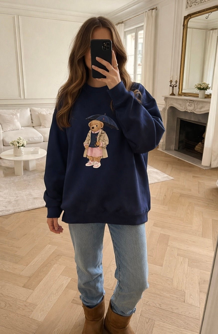 Navy teddy bear crewneck sweatshirt, long sleeves, umbrella bear graphic on front