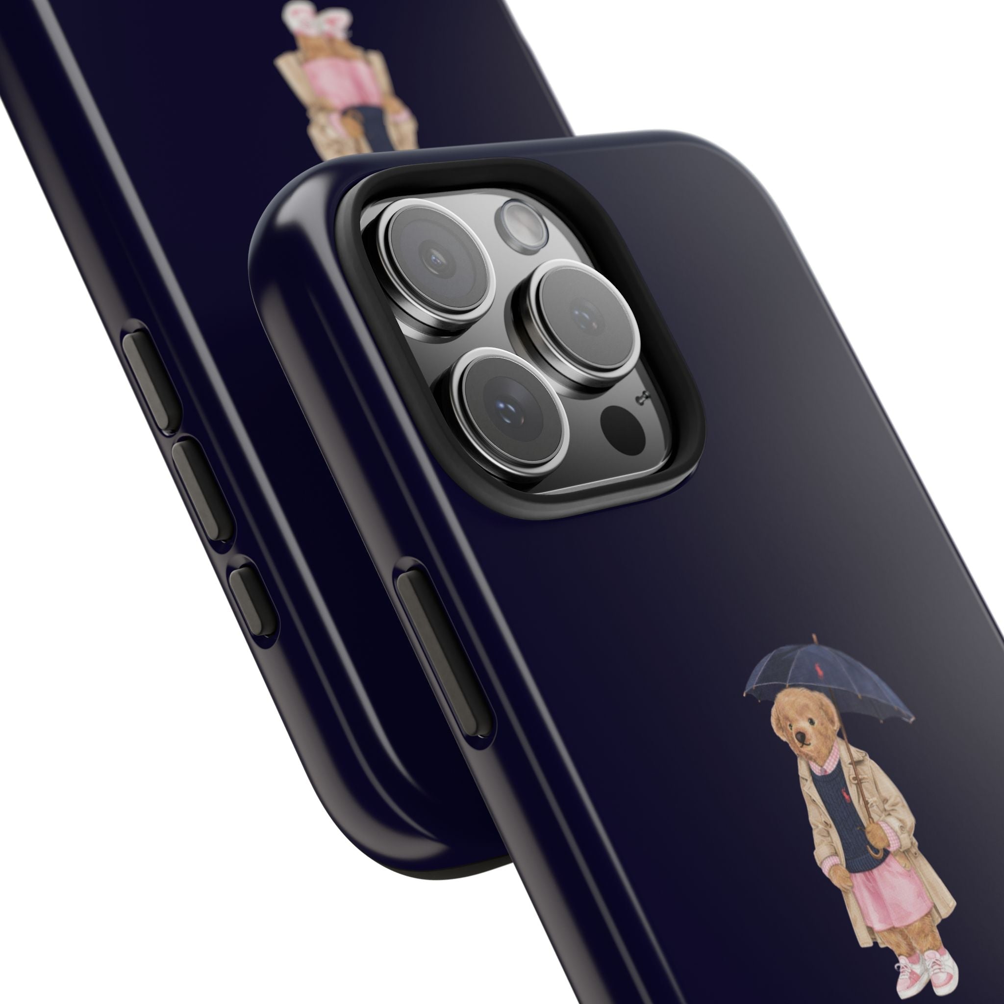 Navy phone case showing camera cutout and teddy bear umbrella design on back
