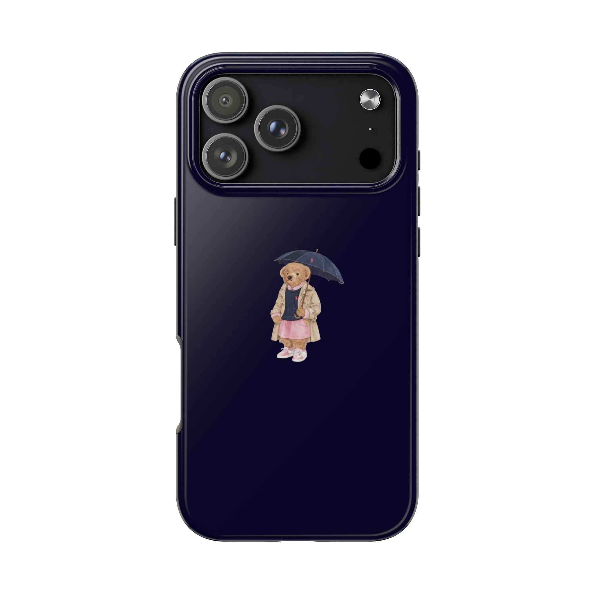 Navy teddy bear phone case with cute umbrella-wearing bear graphic