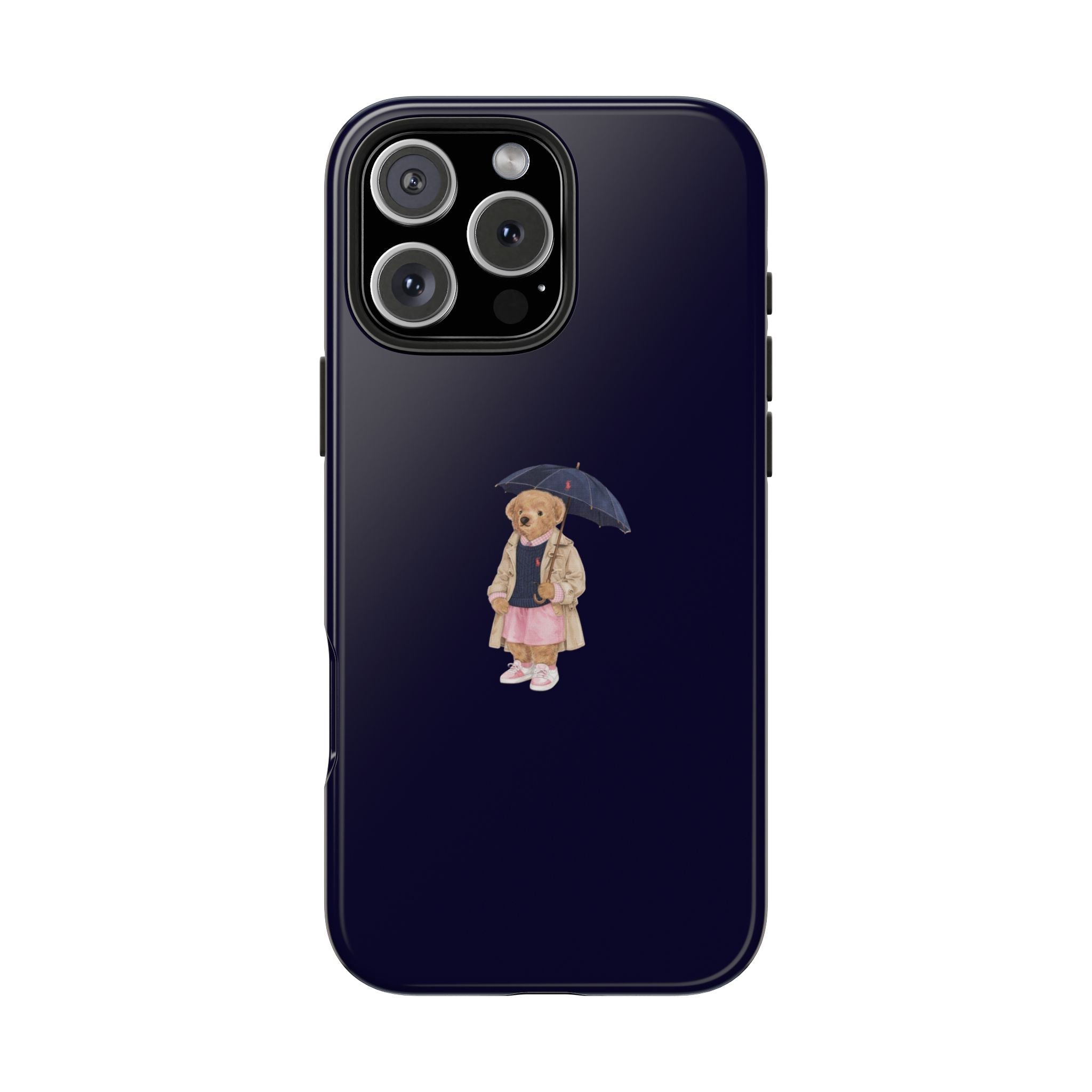 Navy phone case with teddy bear in coat and pink skirt, centered print