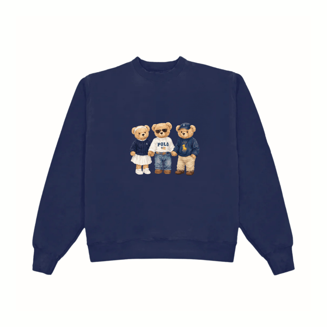 Navy crewneck sweatshirt with three teddy bear graphic in blue shirts