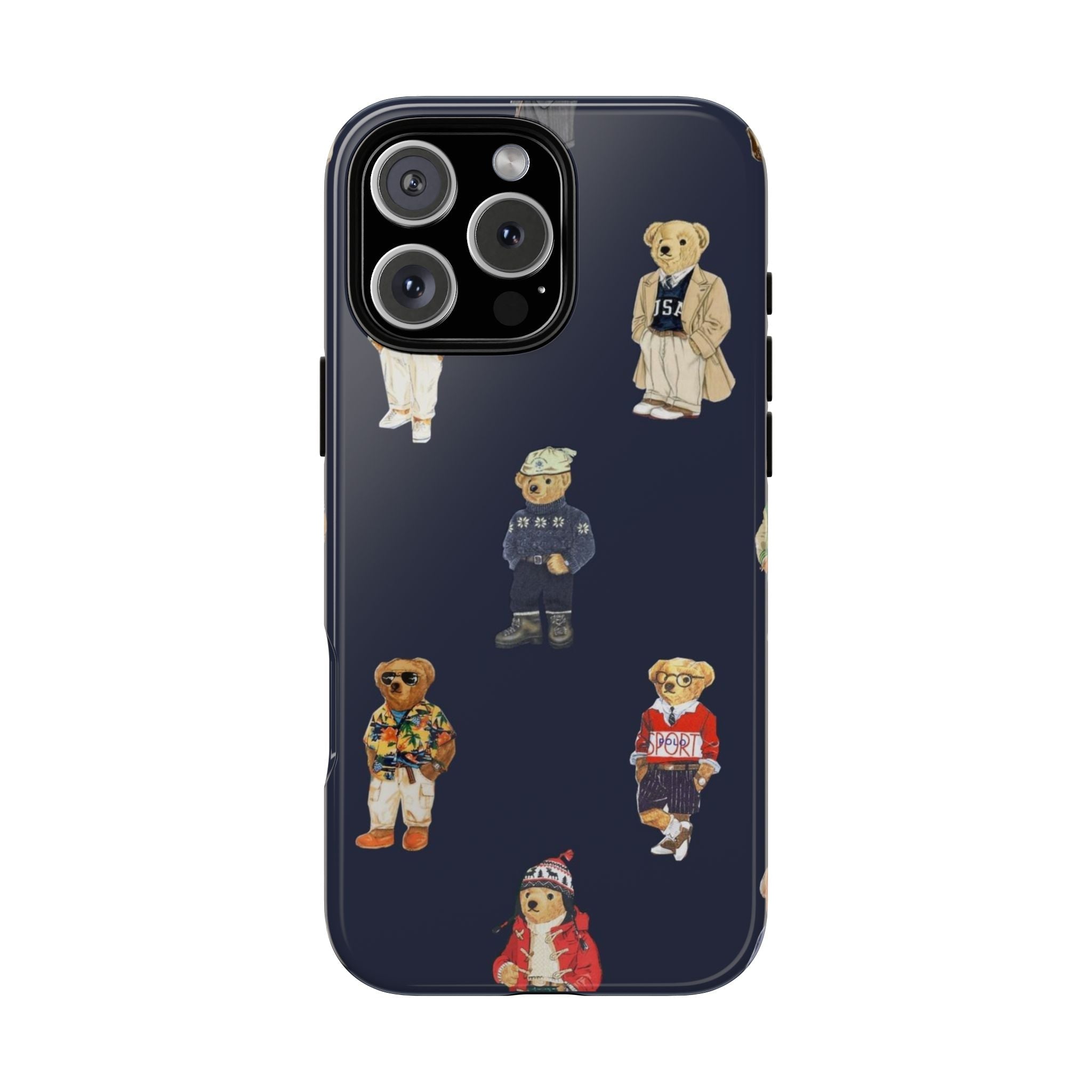 Navy blue phone case with illustrated teddy bear characters, full back print