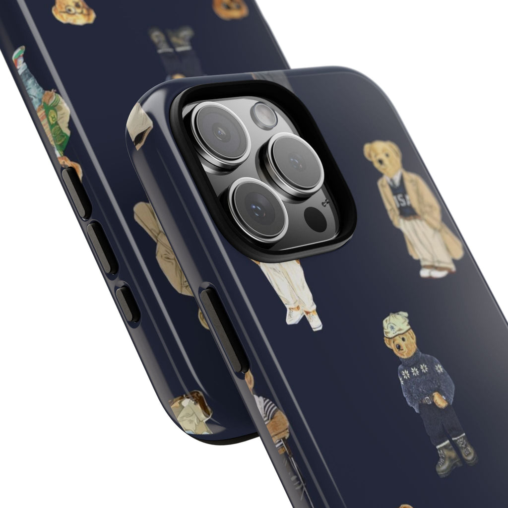 Navy blue phone case angled view with teddy bears pattern and camera lens cutout