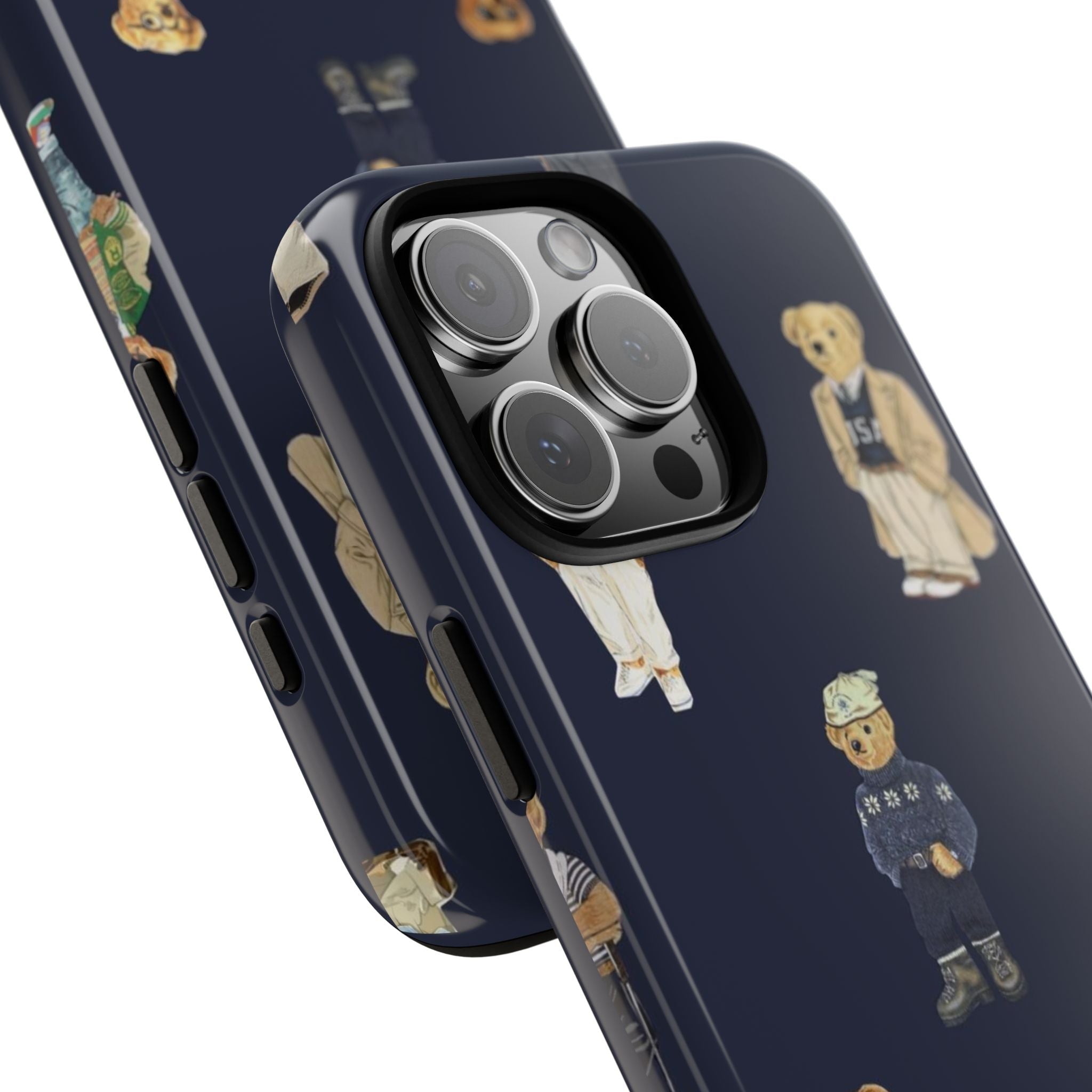 Navy blue phone case angled view with teddy bears pattern and camera lens cutout