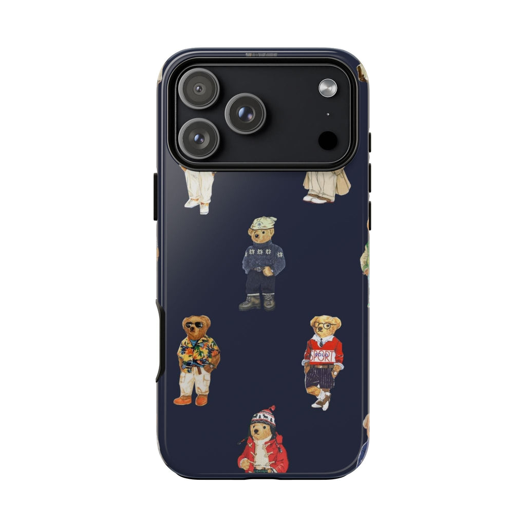 Navy blue phone case featuring teddy bear figures around the back, camera cutout