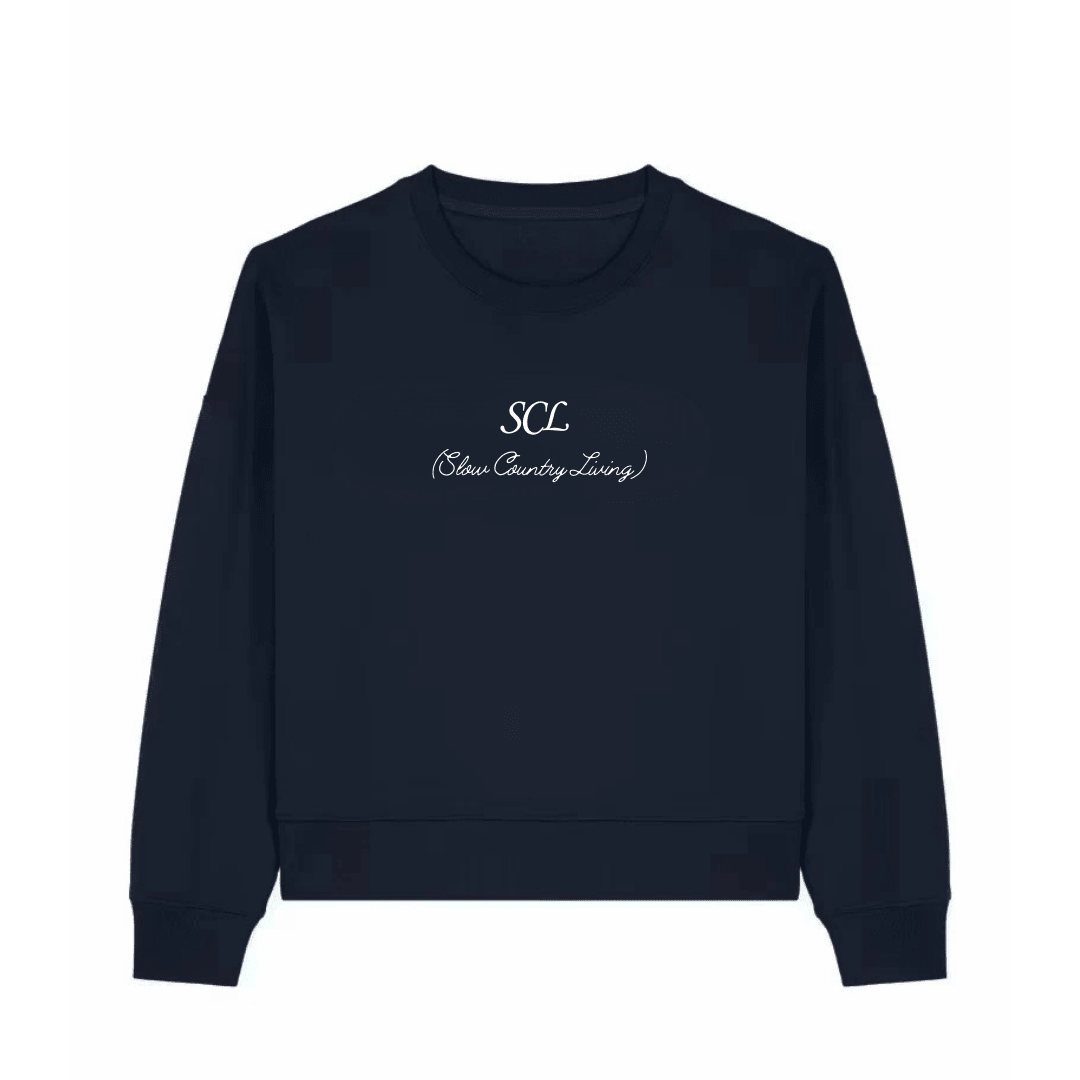 Navy crewneck sweatshirt with front SCL logo text