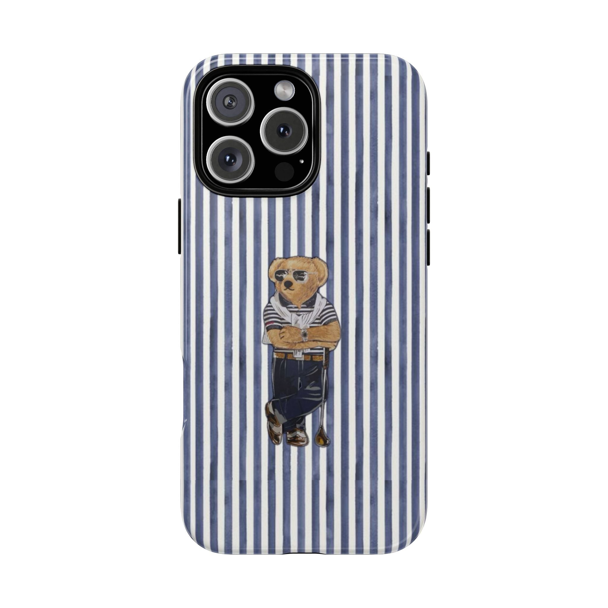 Navy and white striped phone case with teddy bear in golf outfit