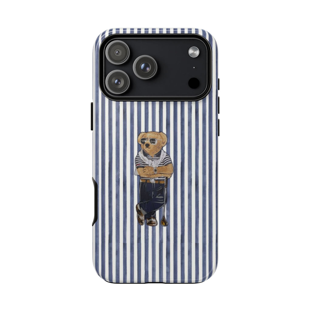 Striped navy phone case featuring teddy bear golfer under camera cutouts