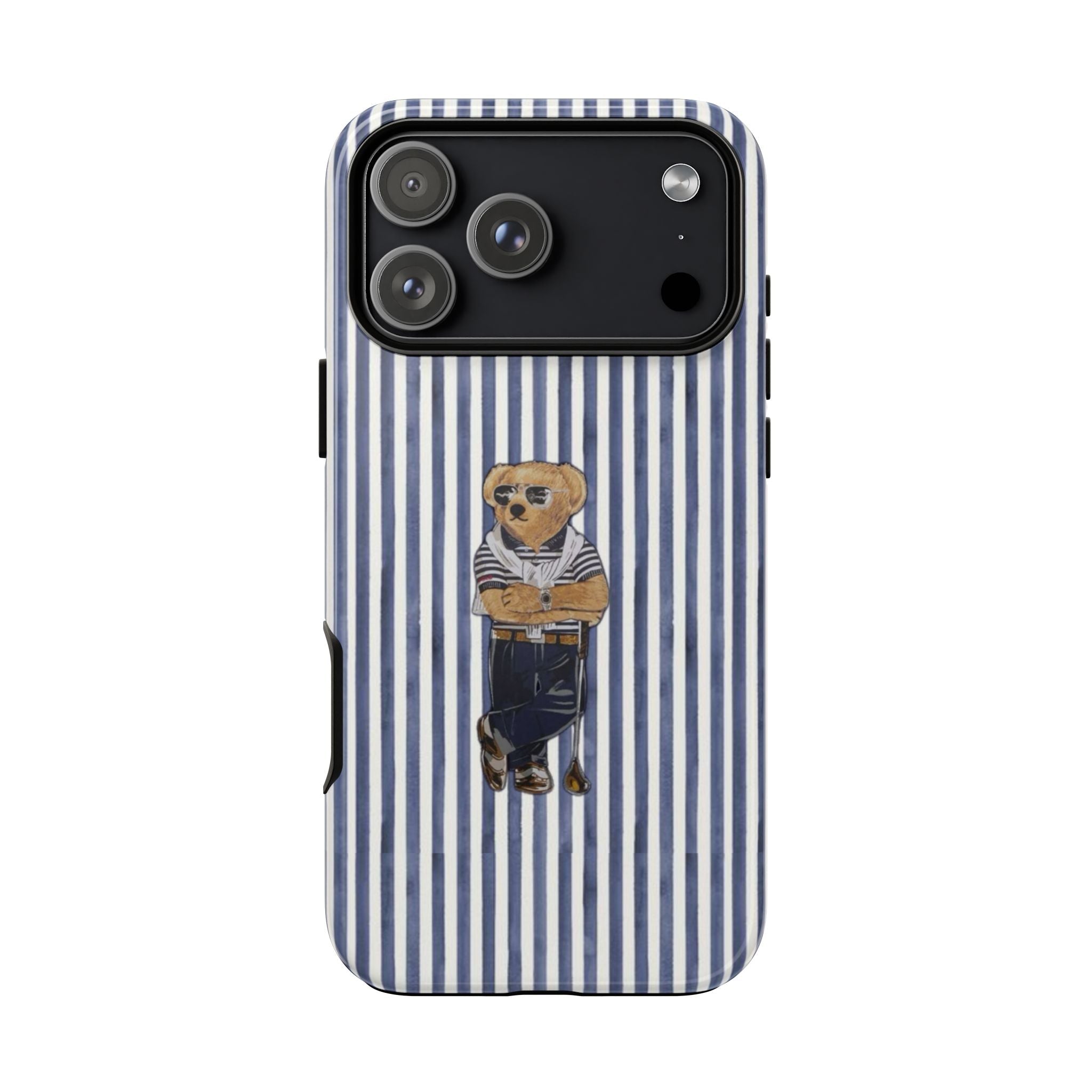 Striped navy phone case featuring teddy bear golfer under camera cutouts