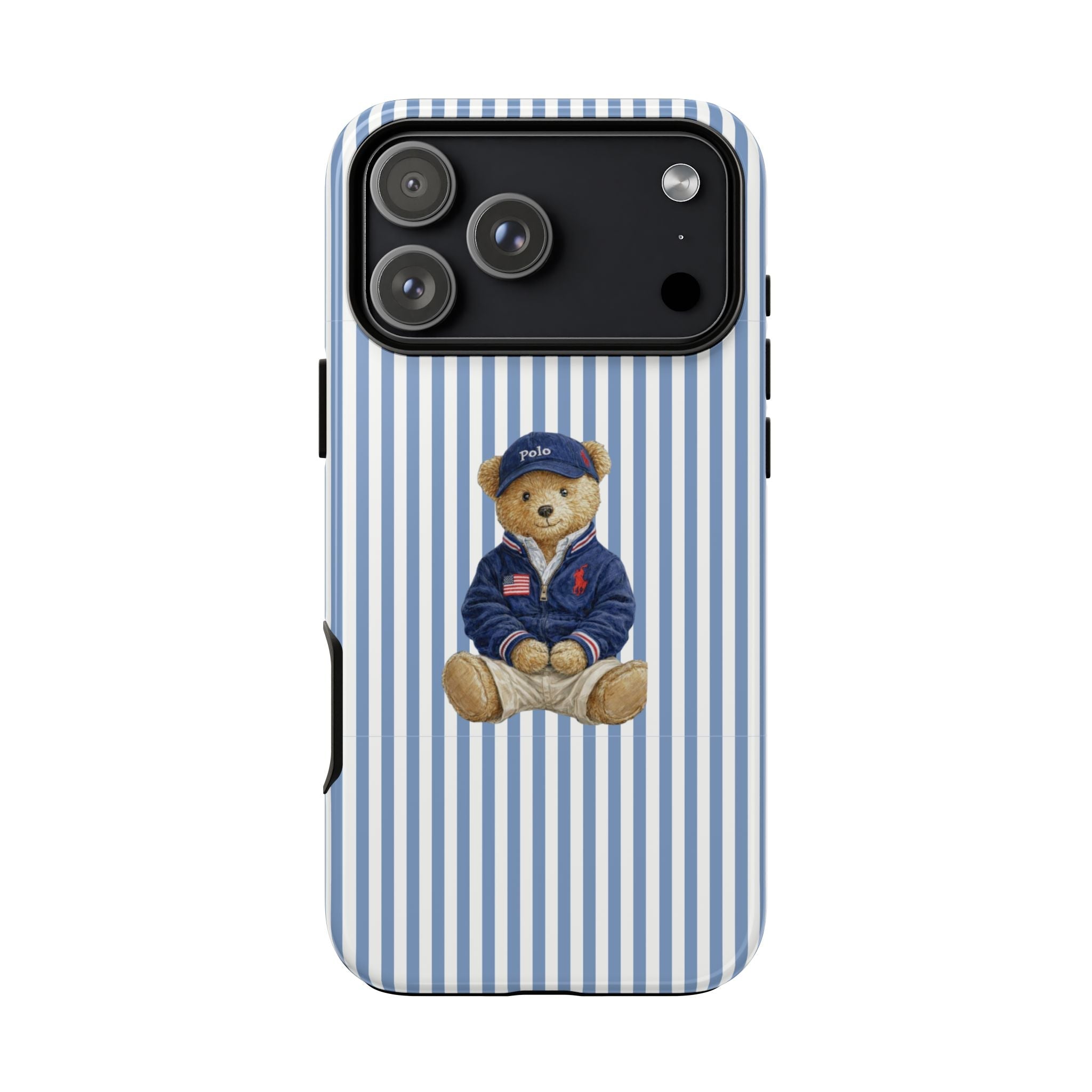 Blue-and-white striped phone case with teddy bear in navy polo, front view
