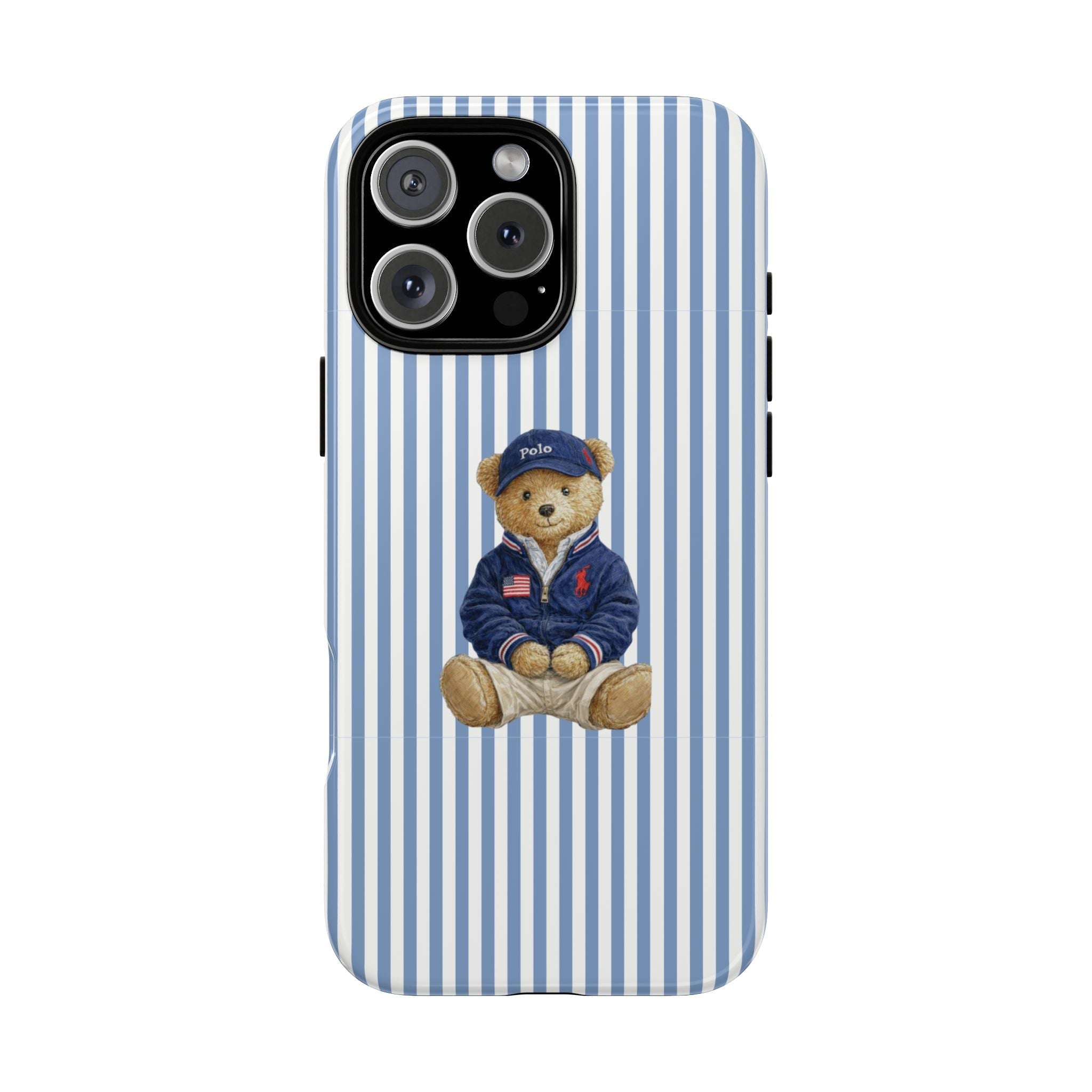 Blue-and-white striped phone case with teddy bear in navy polo on front