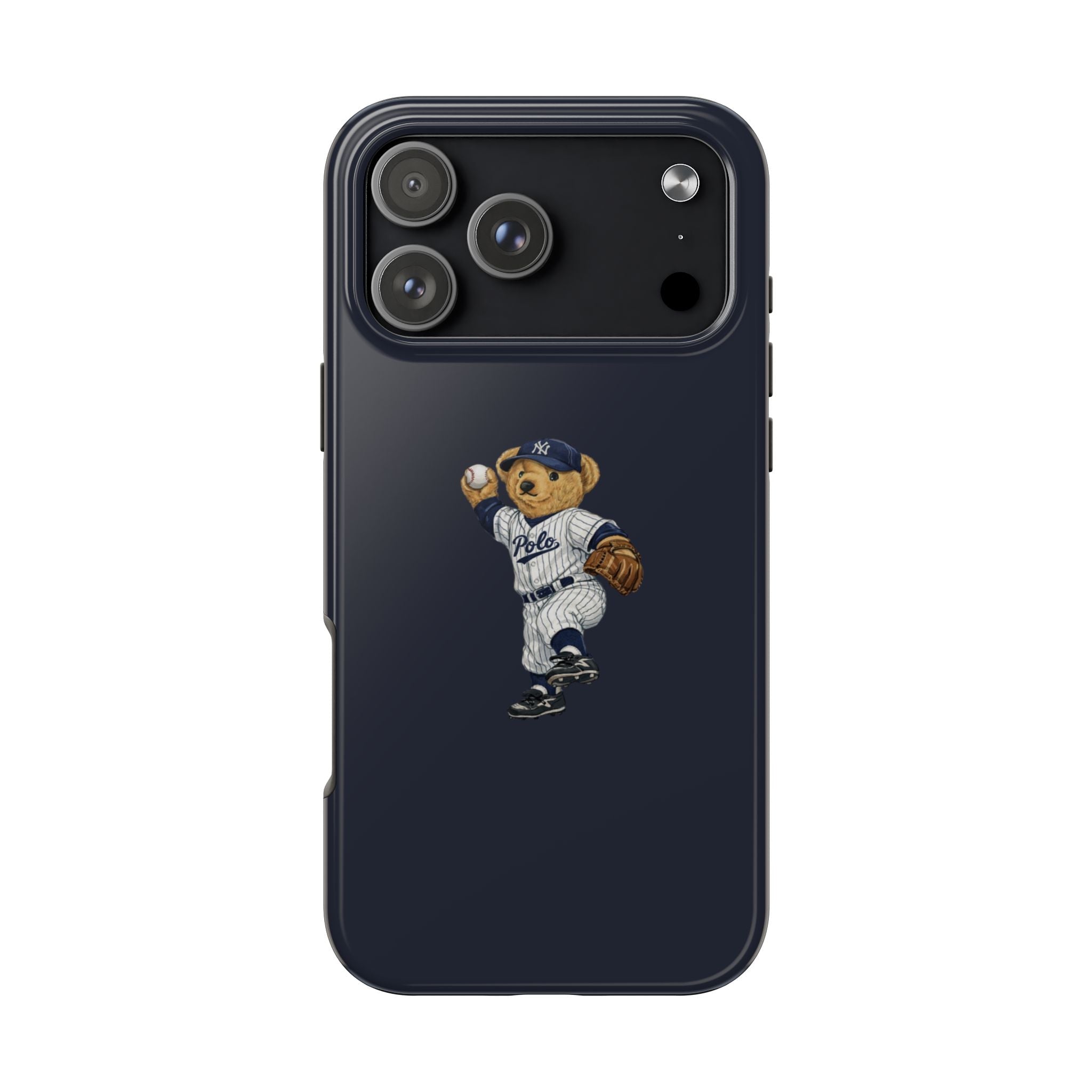 Navy baseball phone case with teddy bear in Yankees uniform, full front graphic