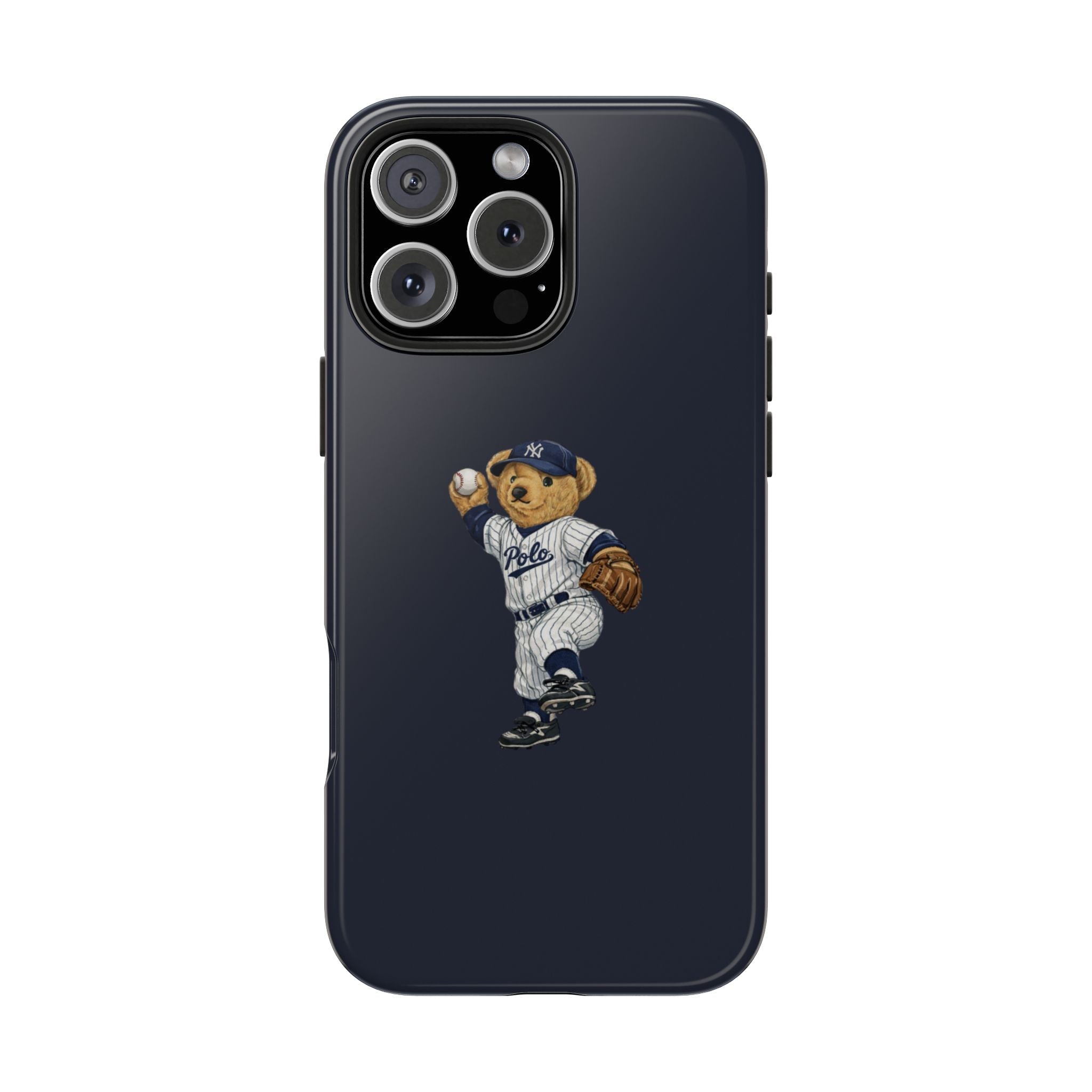 Navy Yankees teddy bear baseball phone case, teddy graphic on front