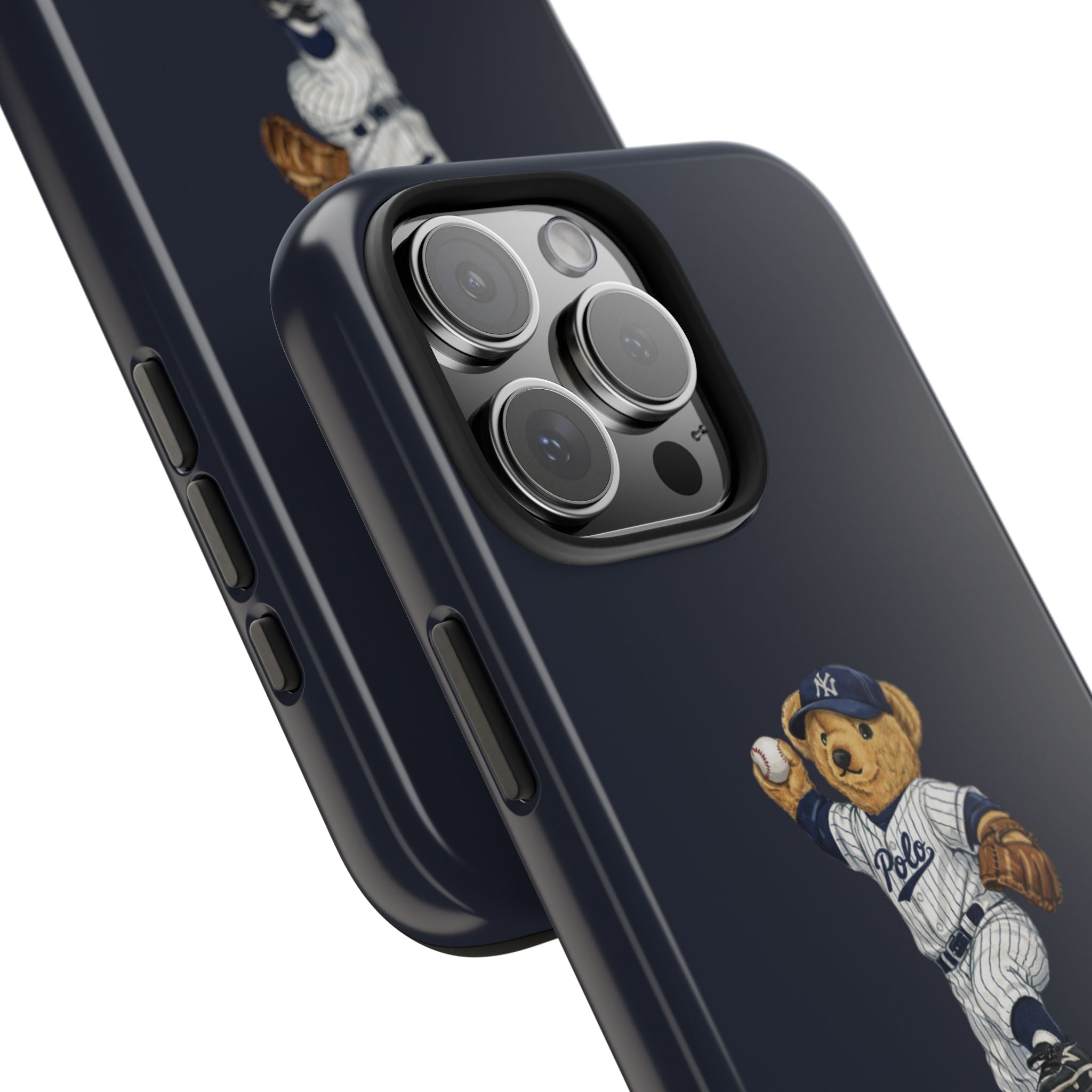 Navy Yankees teddy bear phone case with raised camera cutout and side buttons