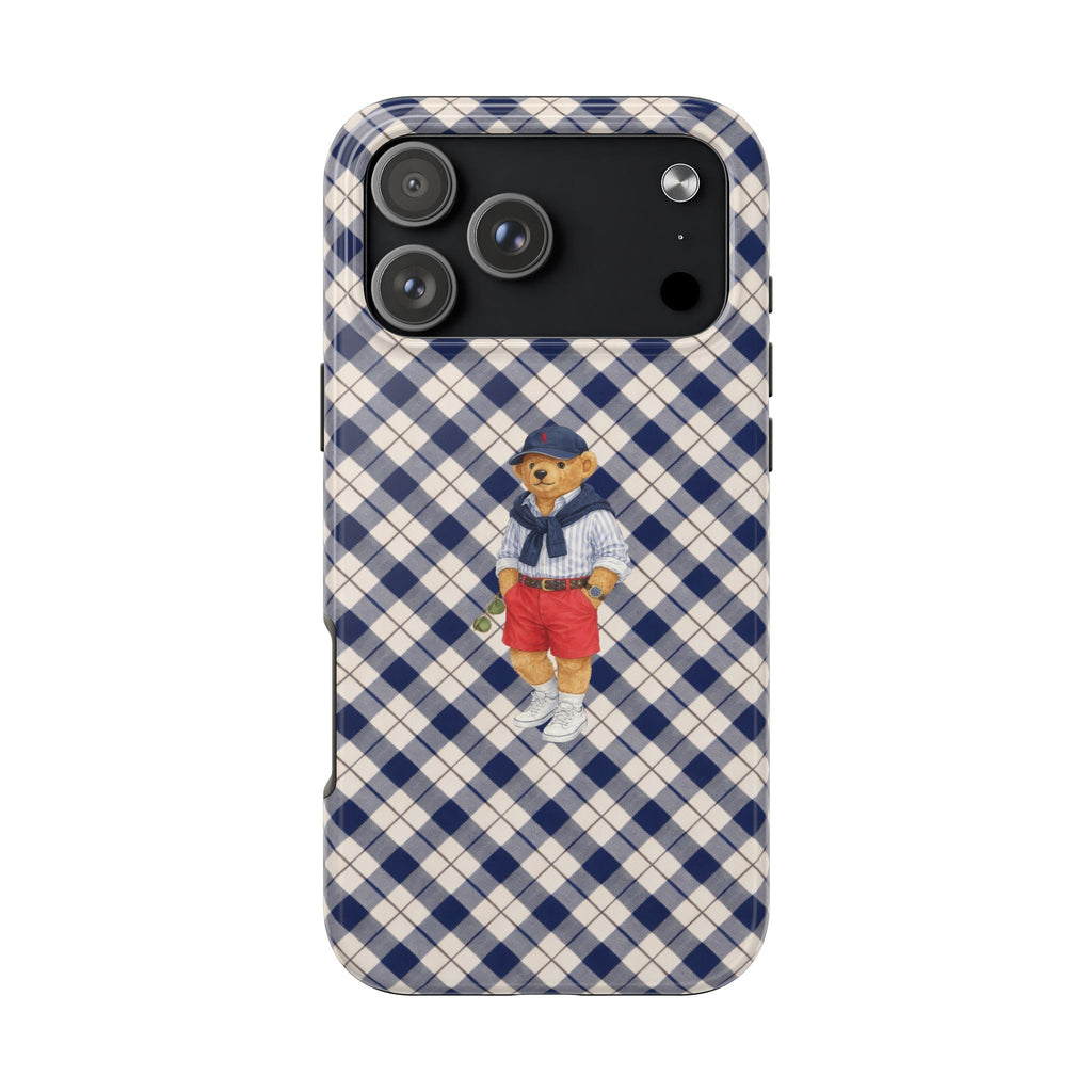 Navy and cream checkered phone case with teddy bear in sailor outfit