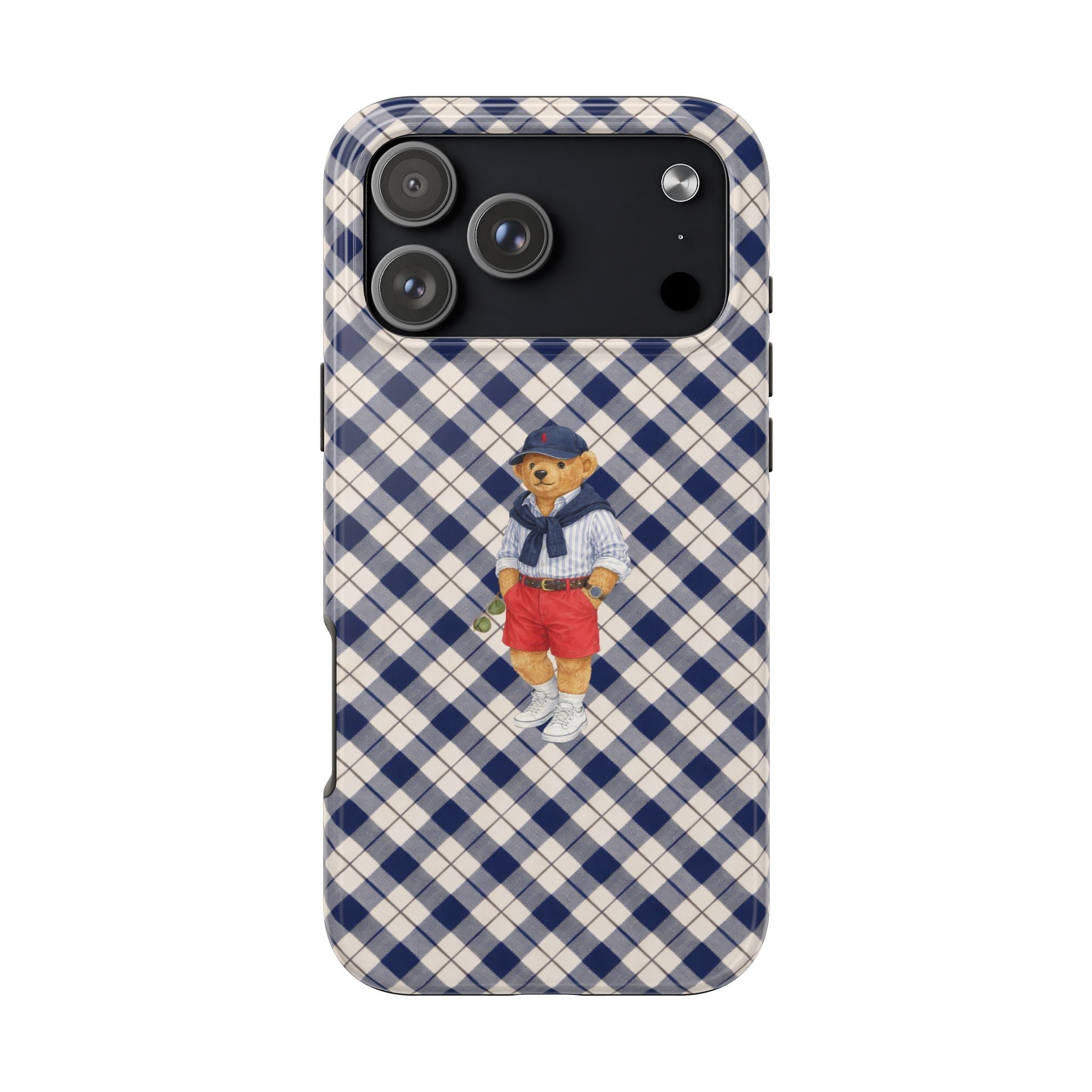 Navy and cream checkered phone case with teddy bear in sailor outfit