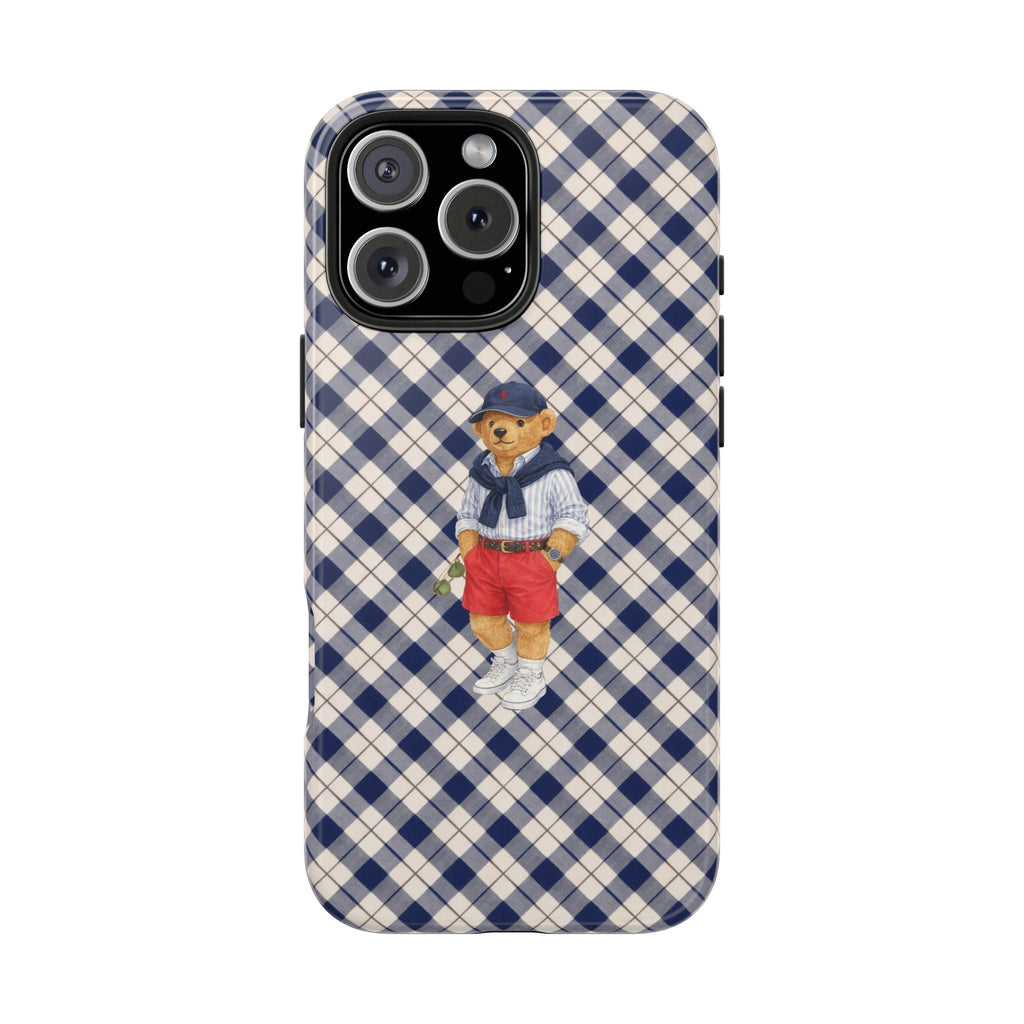 Checkered navy-and-cream phone case with standing teddy bear sailor illustration