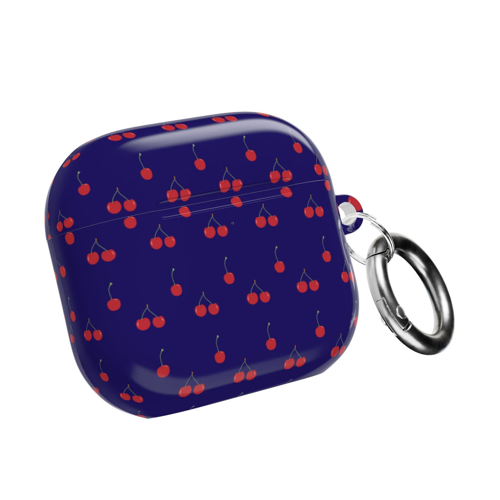 Navy AirPods case with red cherry print and metal keyring attached