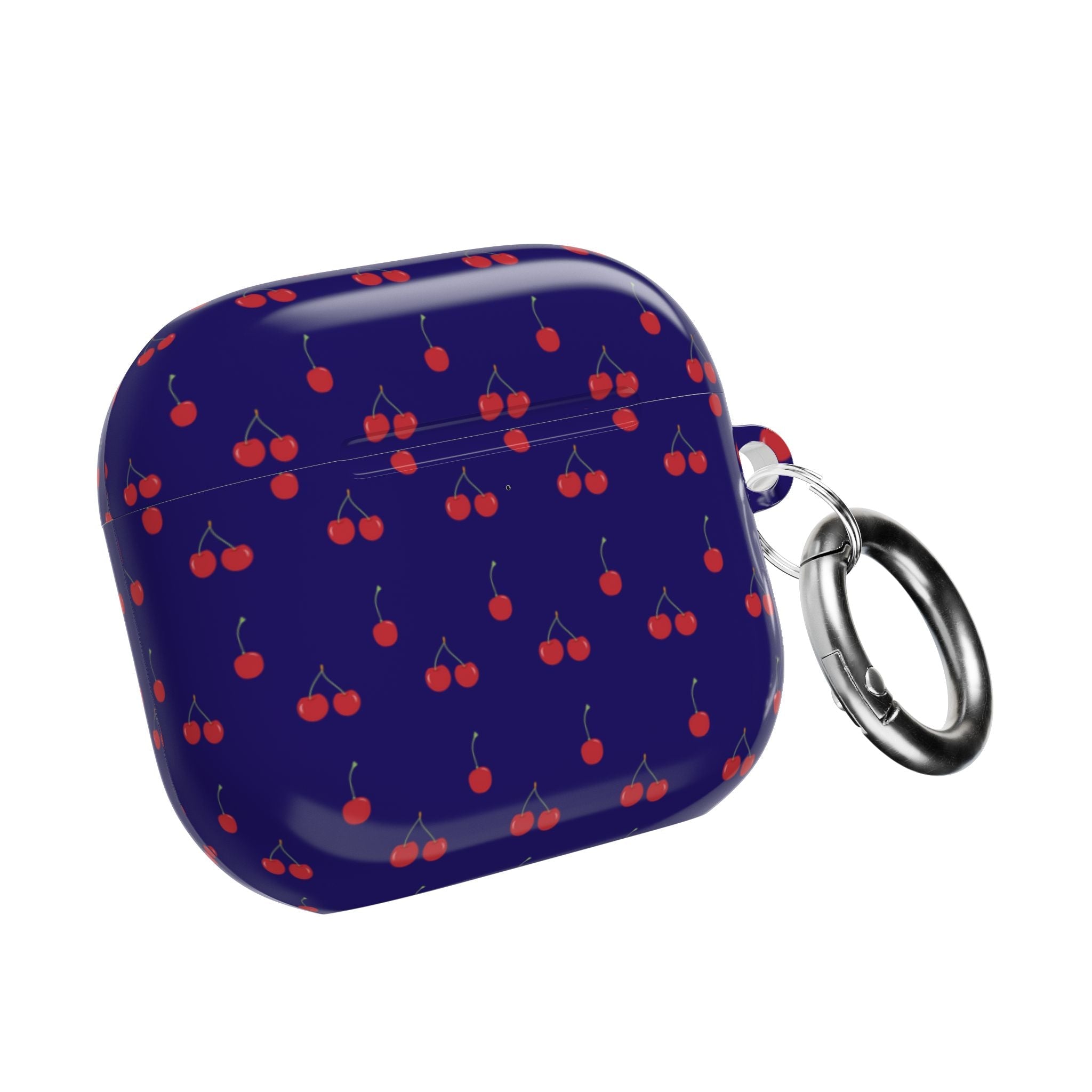 Navy AirPods case with red cherry print and metal keyring attached