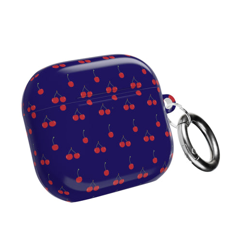 Navy AirPods case with red cherry print and metal keyring attached