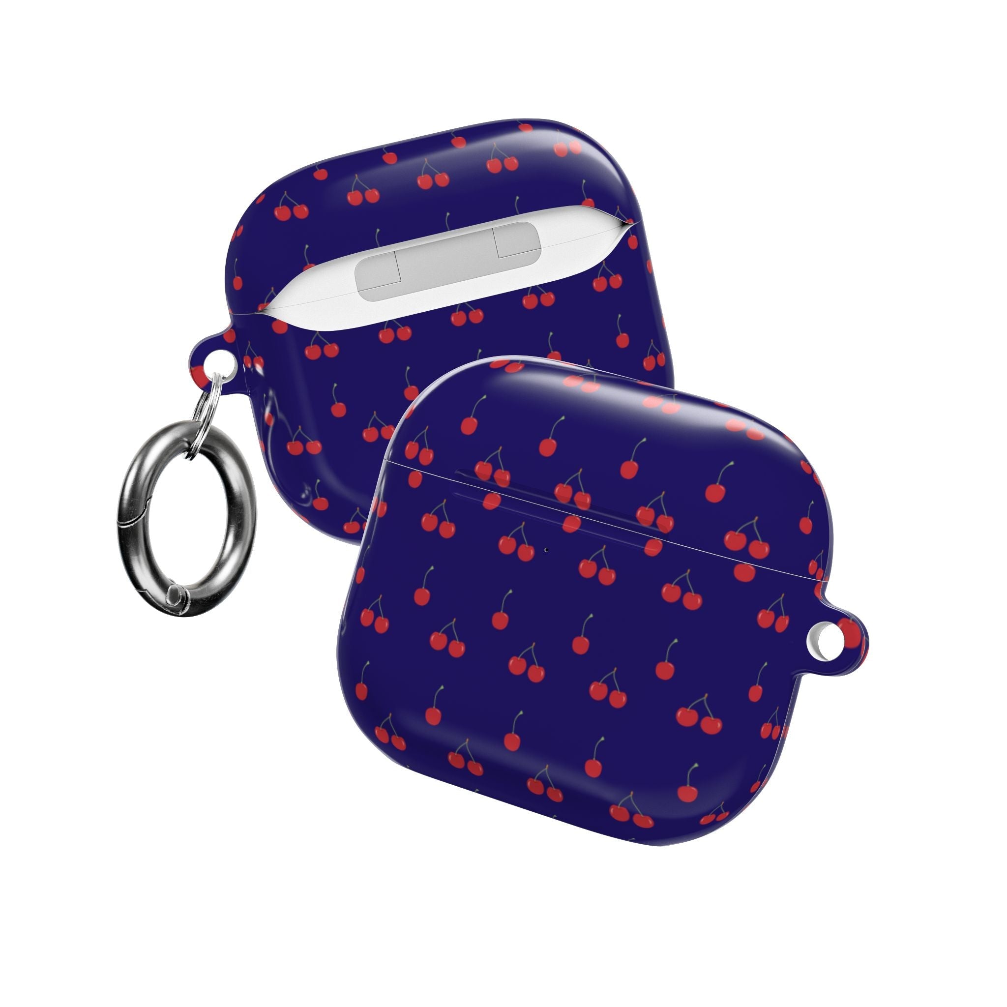 Navy cherry AirPods case with charging opening and metal keyring, side view