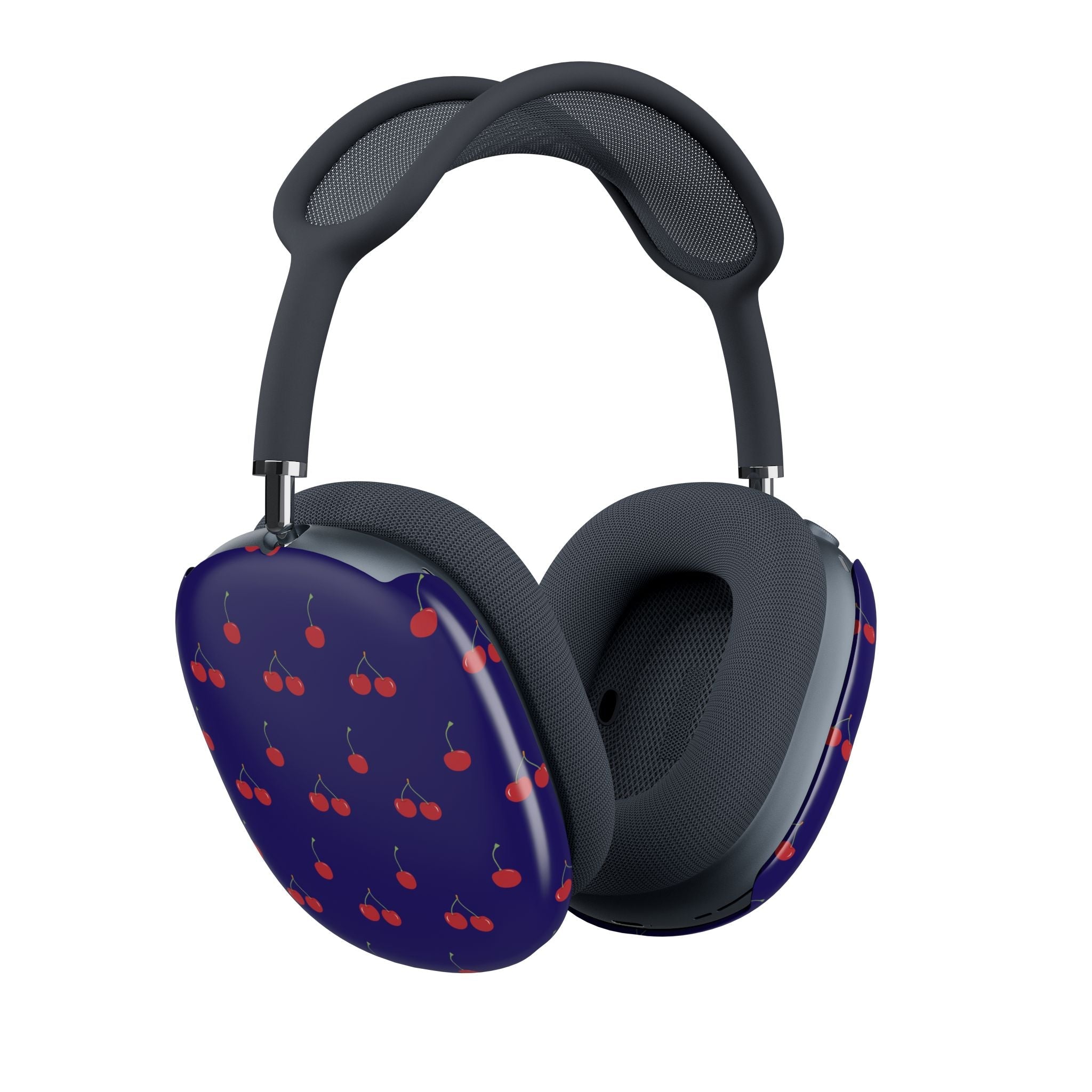 Navy AirPods Max ear pad covers with red cherries, side view