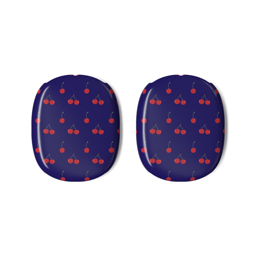 Pair of navy AirPods Max ear pad covers with red cherry print