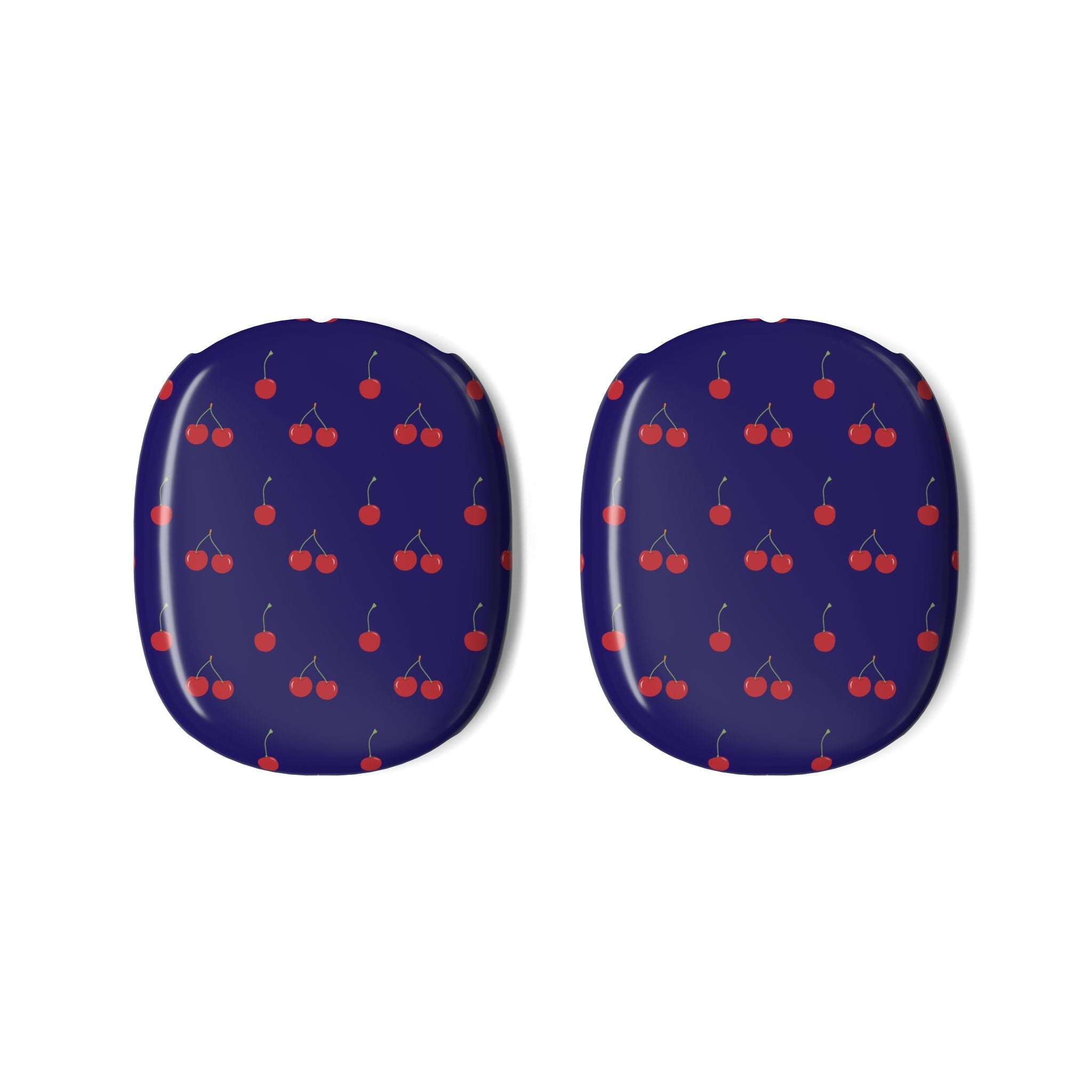 Pair of navy AirPods Max ear pad covers with red cherry print