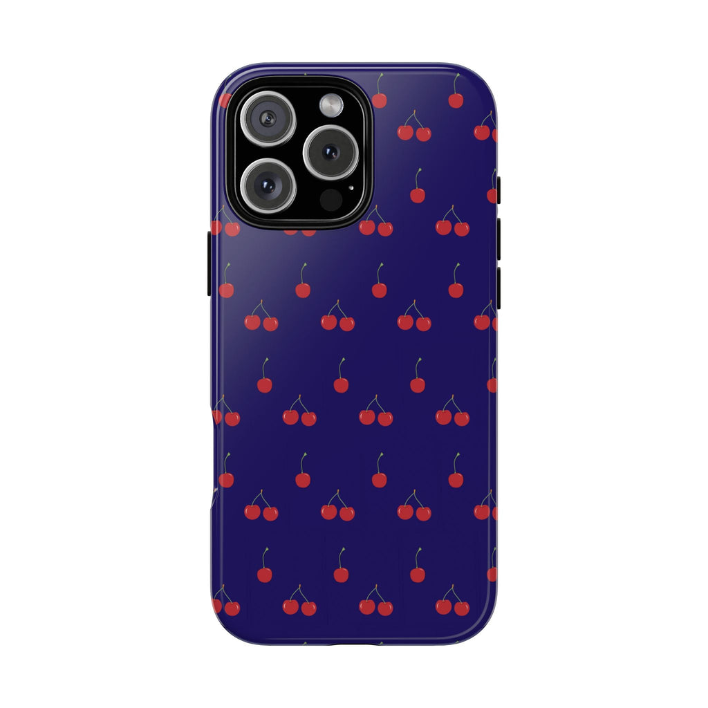 Navy cherry phone case with raised camera cover and seamless edge