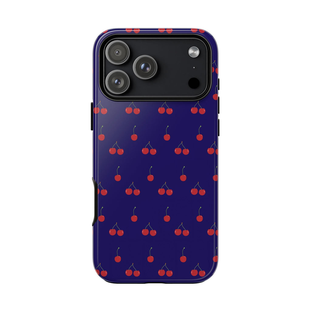 Navy phone case with red cherry pattern and camera cutouts