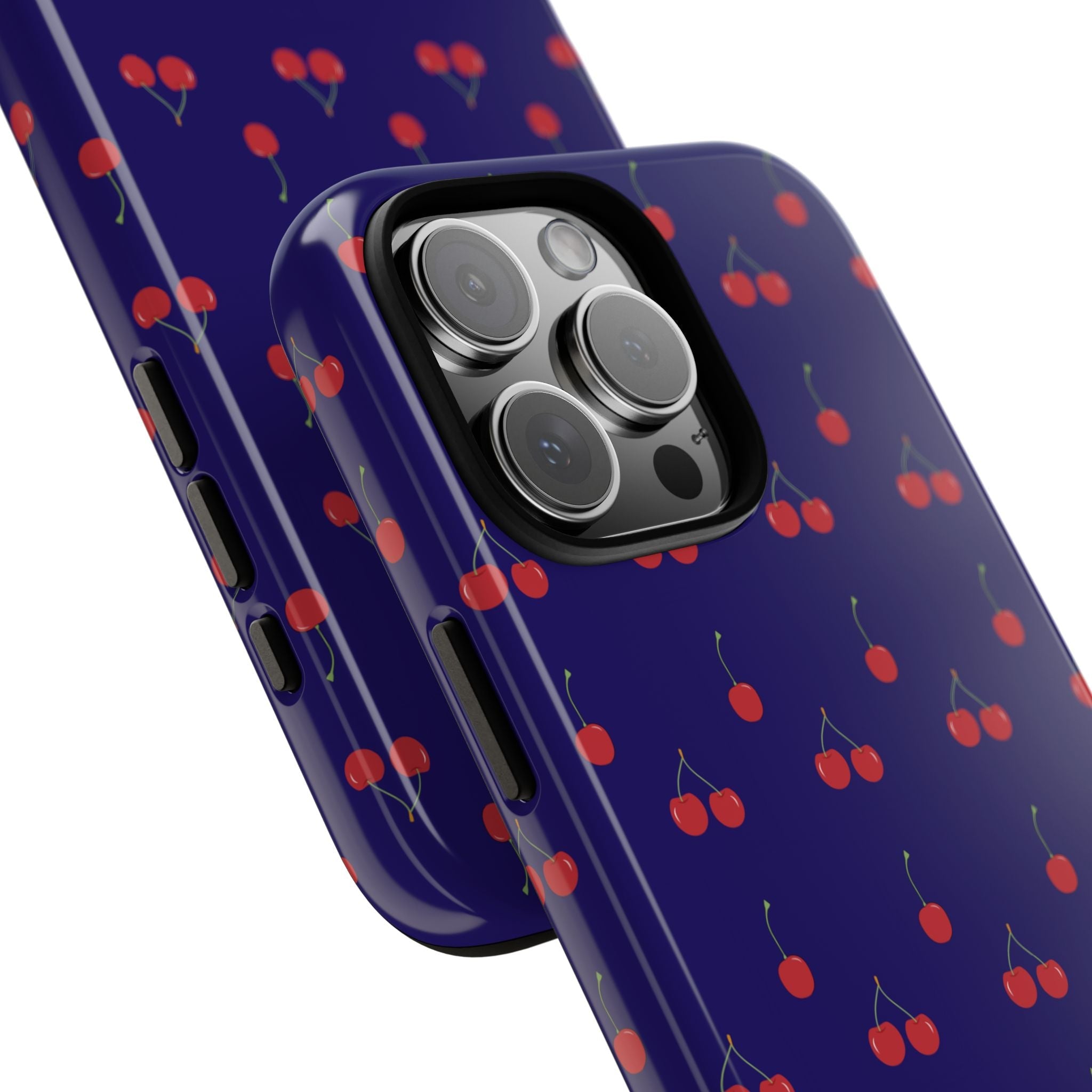 Navy cherry phone case with red fruit print, slim side buttons, camera cutout