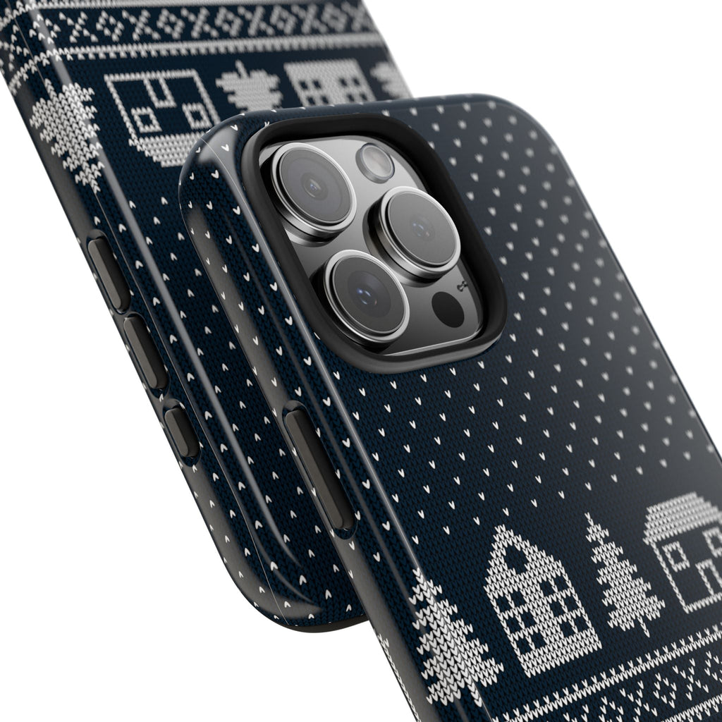 Angled navy phone case with winter knit pattern and white houses; rugged camera lens protection