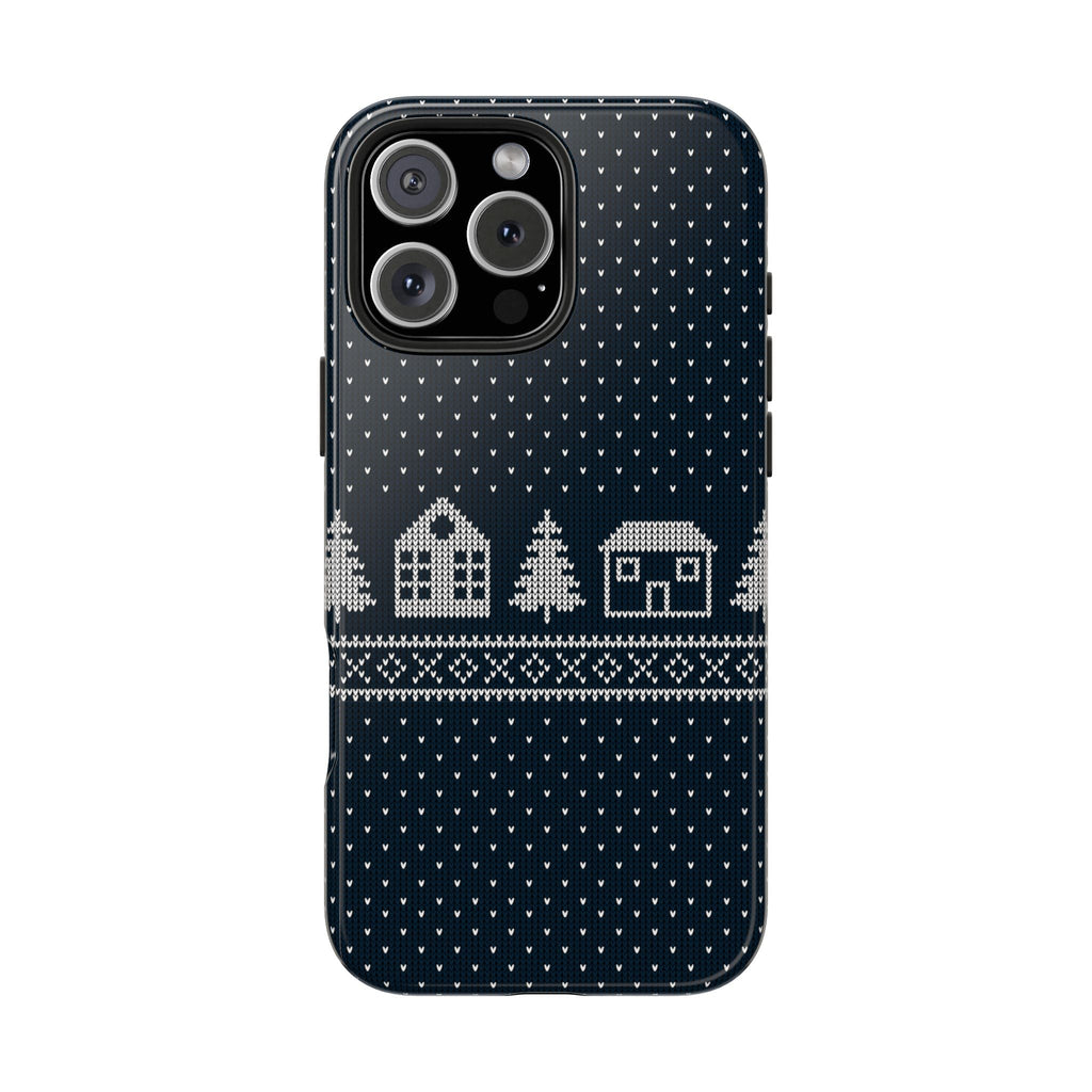 Navy winter phone case featuring white knit icons and houses across the back, camera openings