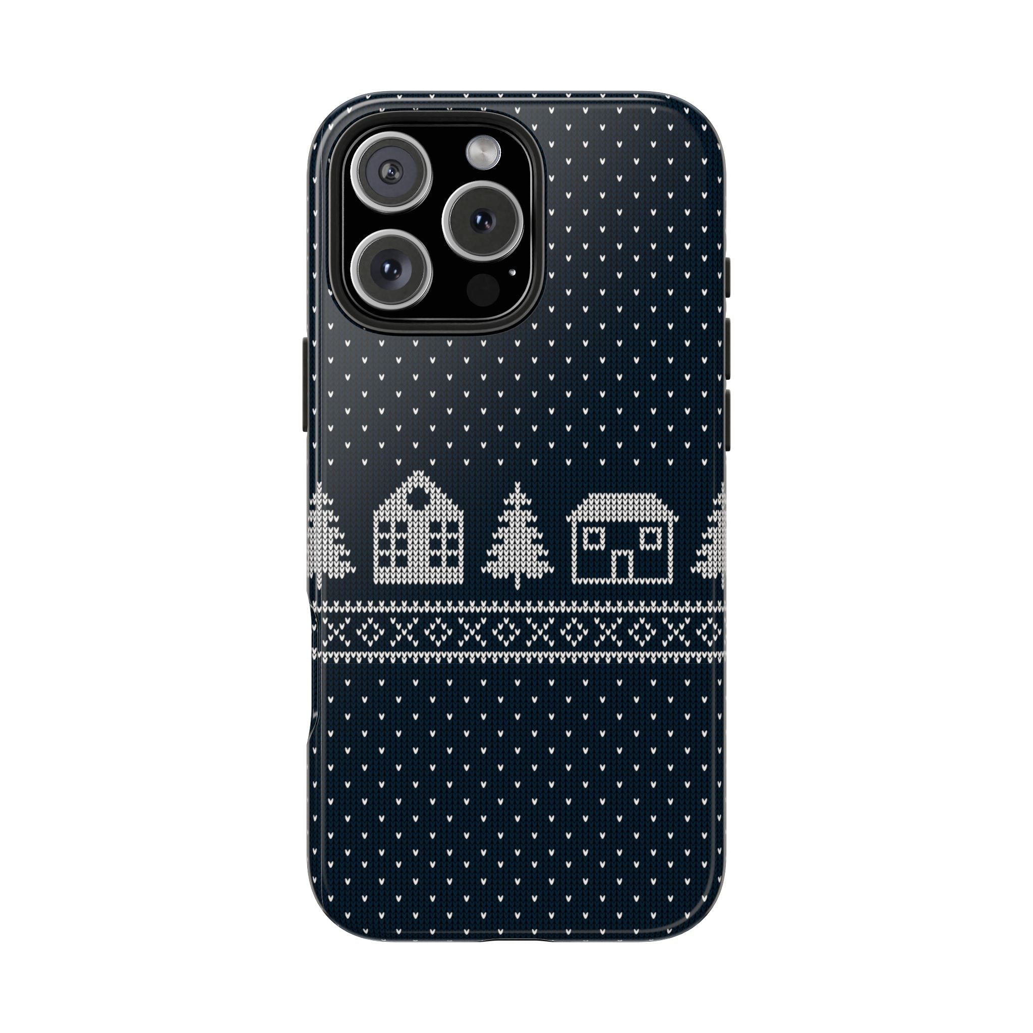 Navy winter phone case featuring white knit icons and houses across the back, camera openings
