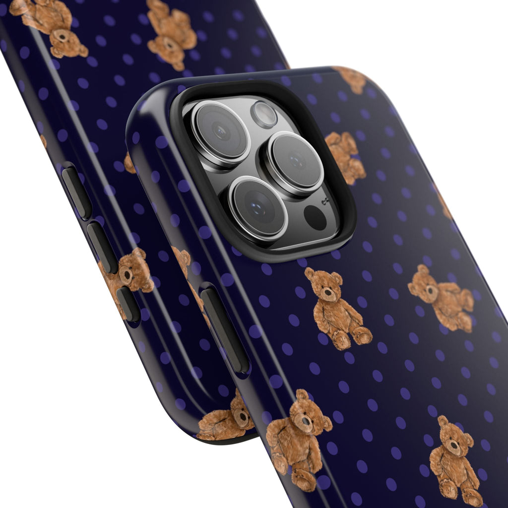 Navy polka-dot phone case with teddy bears, visible side buttons and camera lenses